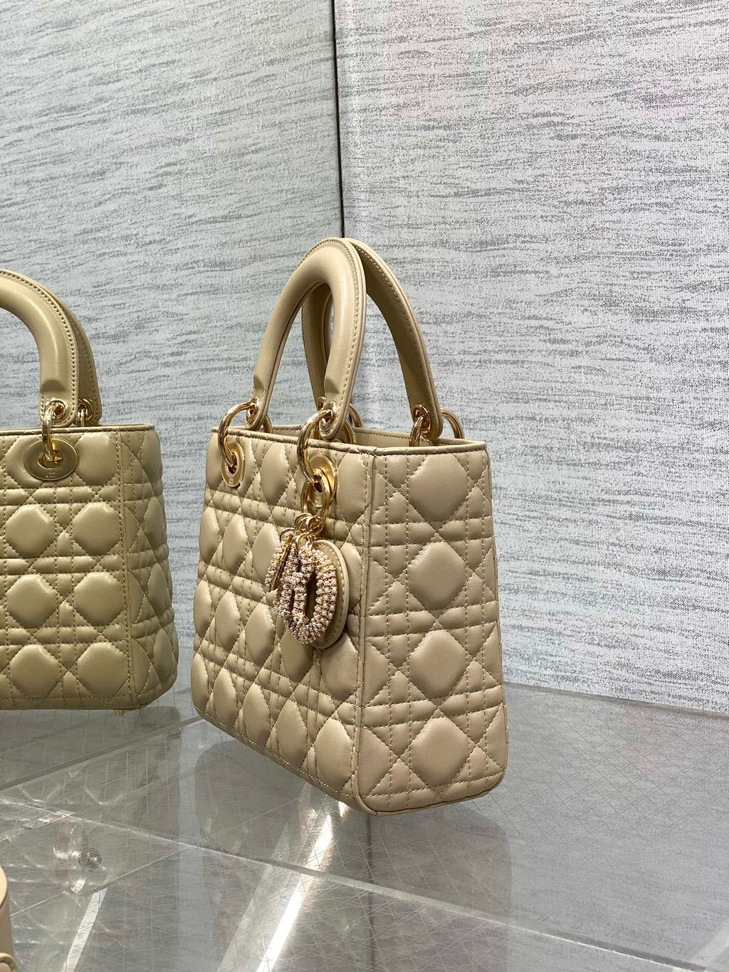 DIOR 25S LADY  BAG 20 IN SAND BEIGE CALFSKIN CHARM PEARL EMBELLISHMENTS