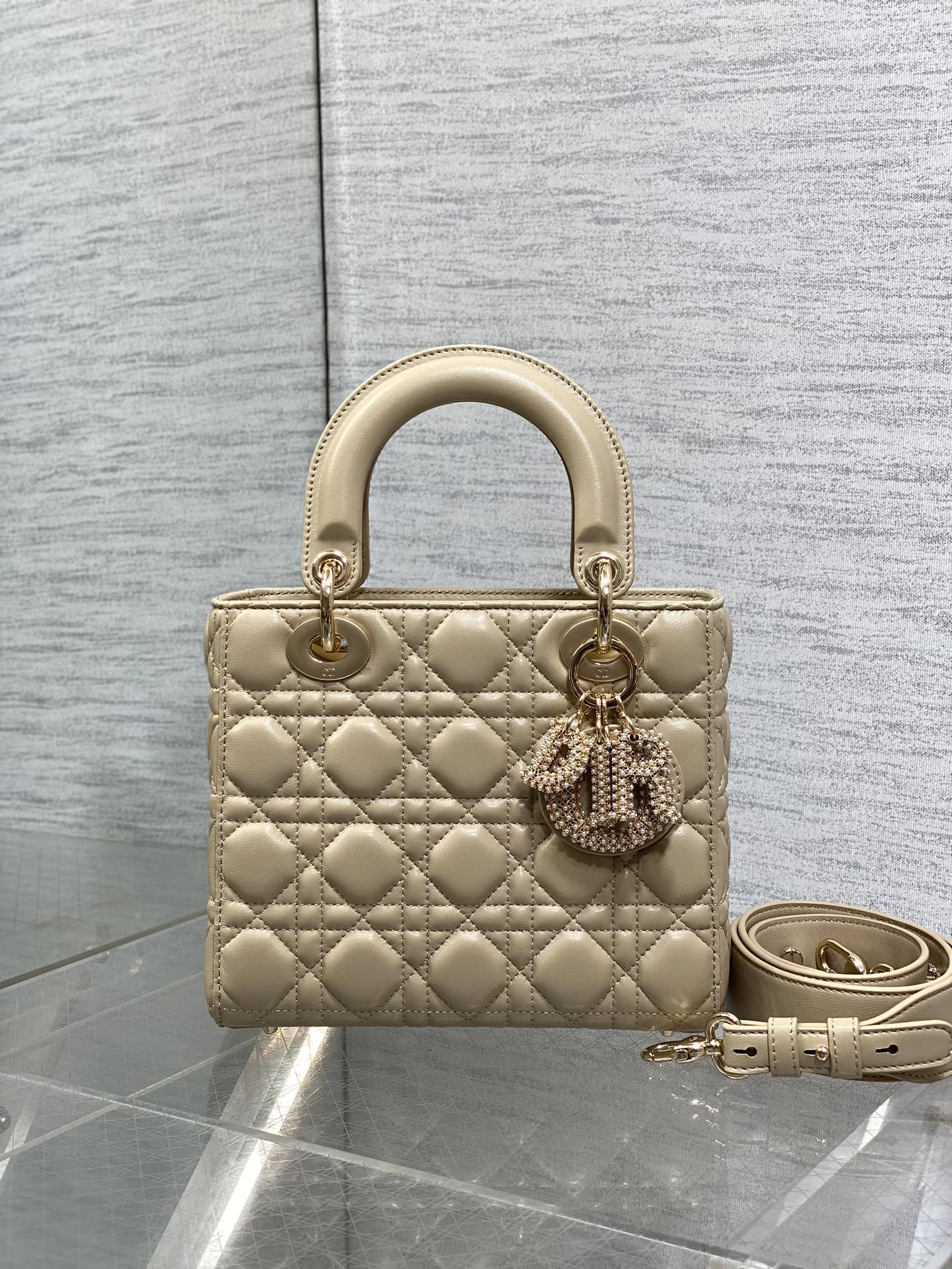 DIOR 25S LADY  BAG 20 IN SAND BEIGE CALFSKIN CHARM PEARL EMBELLISHMENTS
