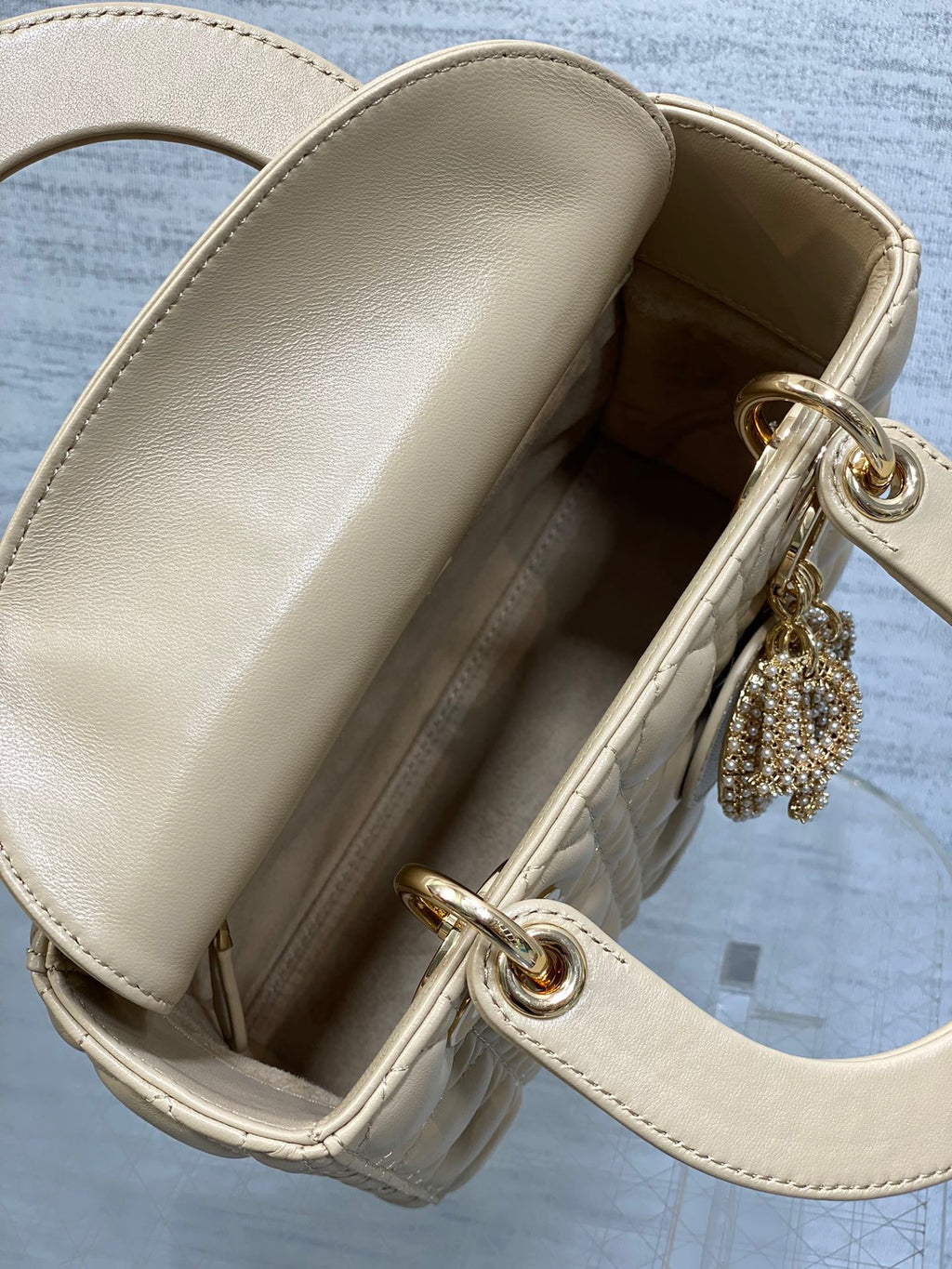 DIOR 25S LADY  BAG 20 IN SAND BEIGE CALFSKIN CHARM PEARL EMBELLISHMENTS