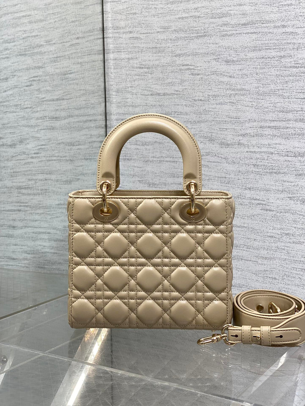 DIOR 25S LADY  BAG 20 IN SAND BEIGE CALFSKIN CHARM PEARL EMBELLISHMENTS