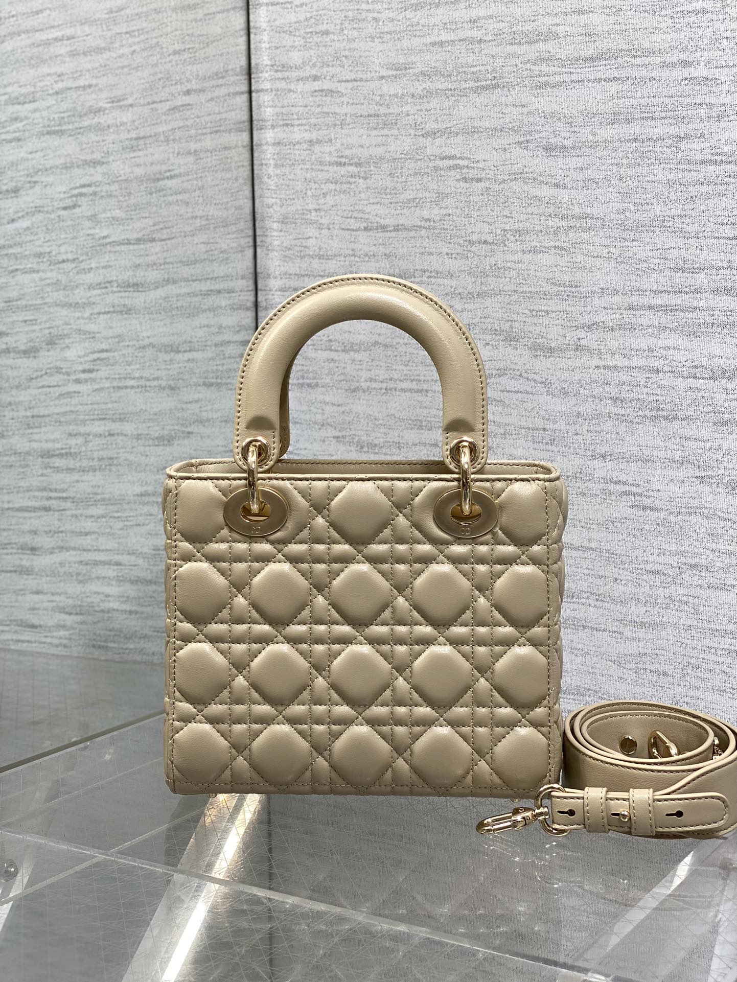 DIOR 25S LADY  BAG 20 IN SAND BEIGE CALFSKIN CHARM PEARL EMBELLISHMENTS