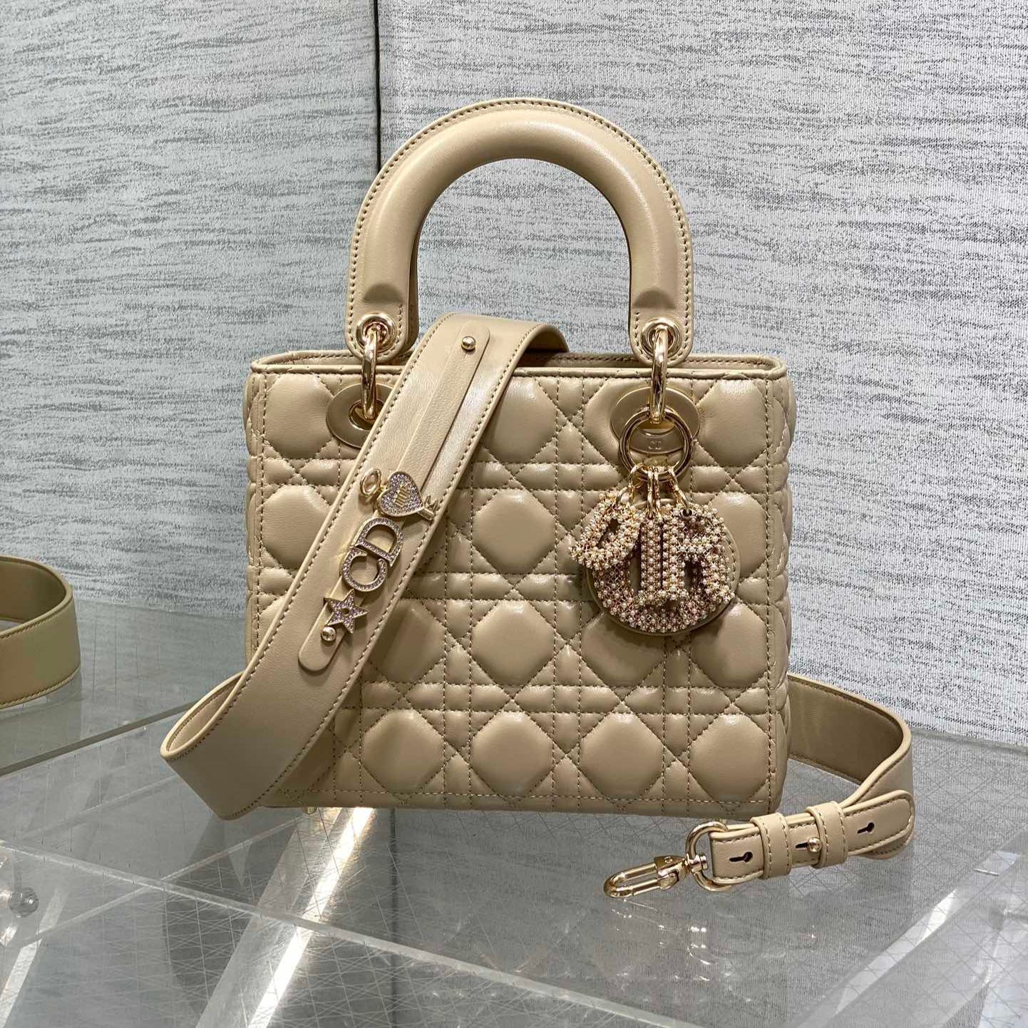 DIOR 25S LADY  BAG 20 IN SAND BEIGE CALFSKIN CHARM PEARL EMBELLISHMENTS