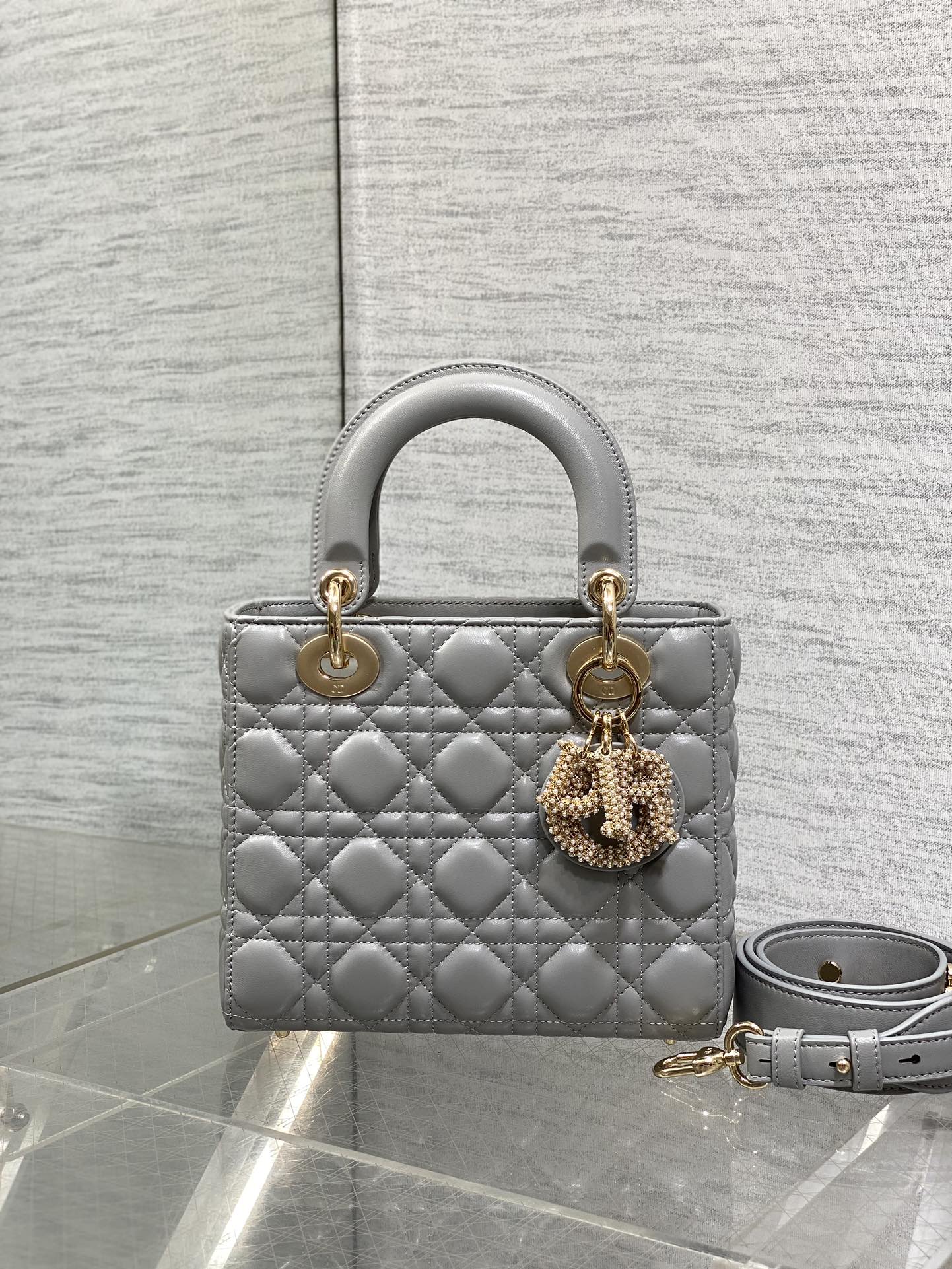 DIOR 25S LADY  BAG 20 IN DARK GRAY CALFSKIN CHARM PEARL EMBELLISHMENTS