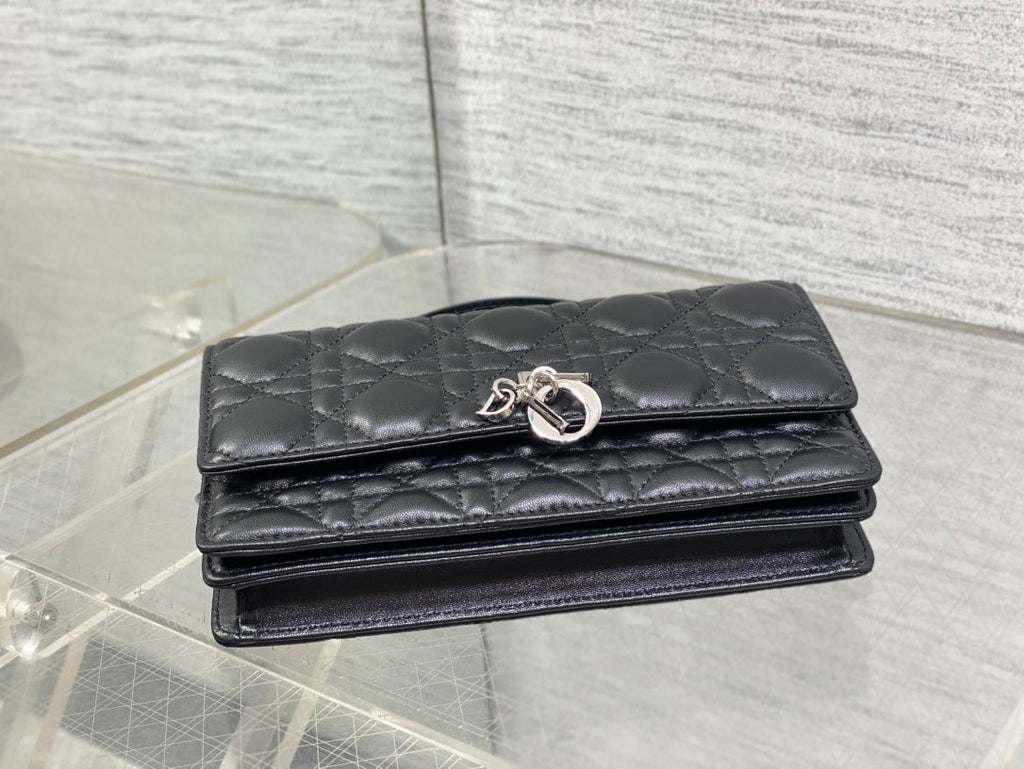 DIOR 25S  TALK PHONE POUCH 21 IN BLACK CANNAGE LAMBSKIN SILVER HARDWRE