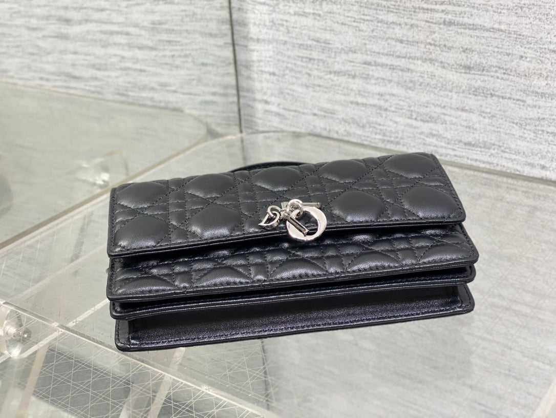 DIOR 25S  TALK PHONE POUCH 21 IN BLACK CANNAGE LAMBSKIN SILVER HARDWRE