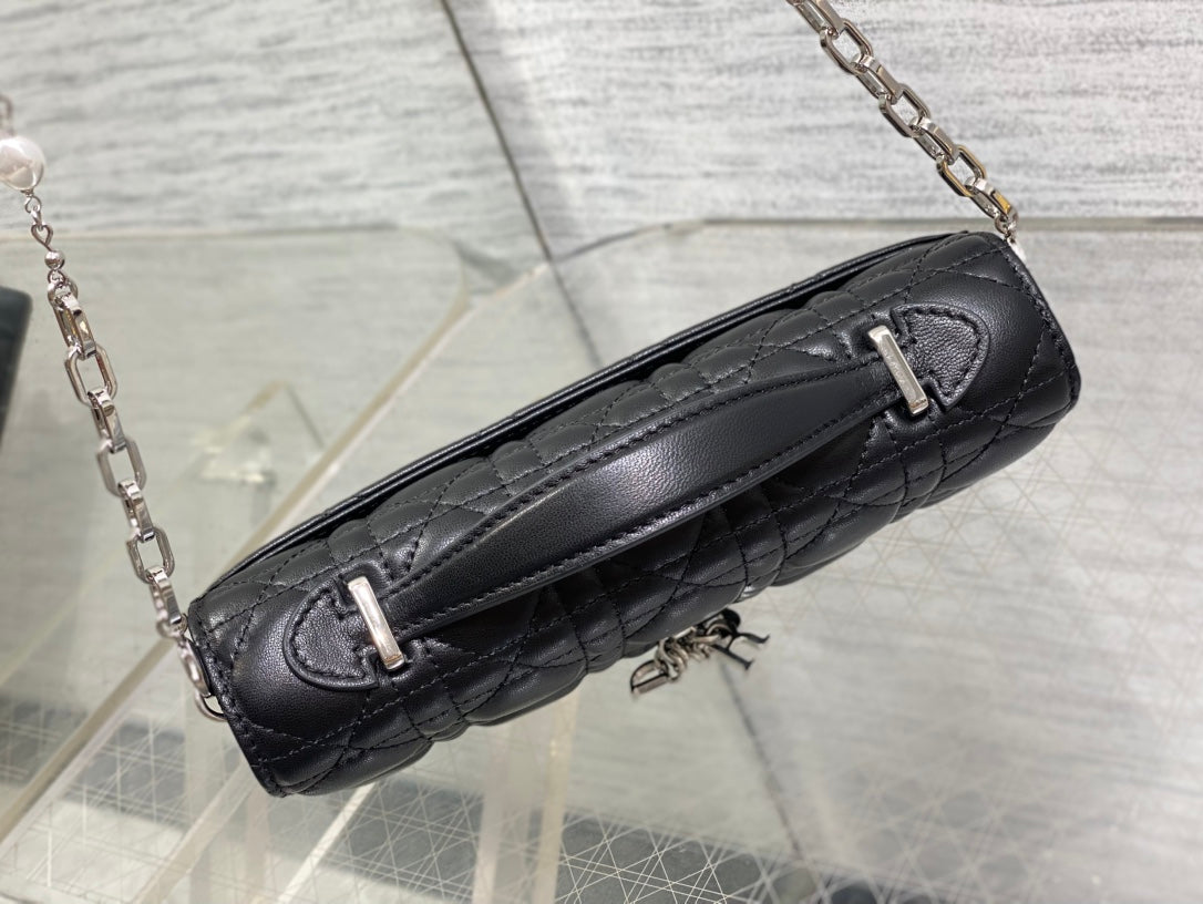 DIOR 25S  TALK PHONE POUCH 21 IN BLACK CANNAGE LAMBSKIN SILVER HARDWRE