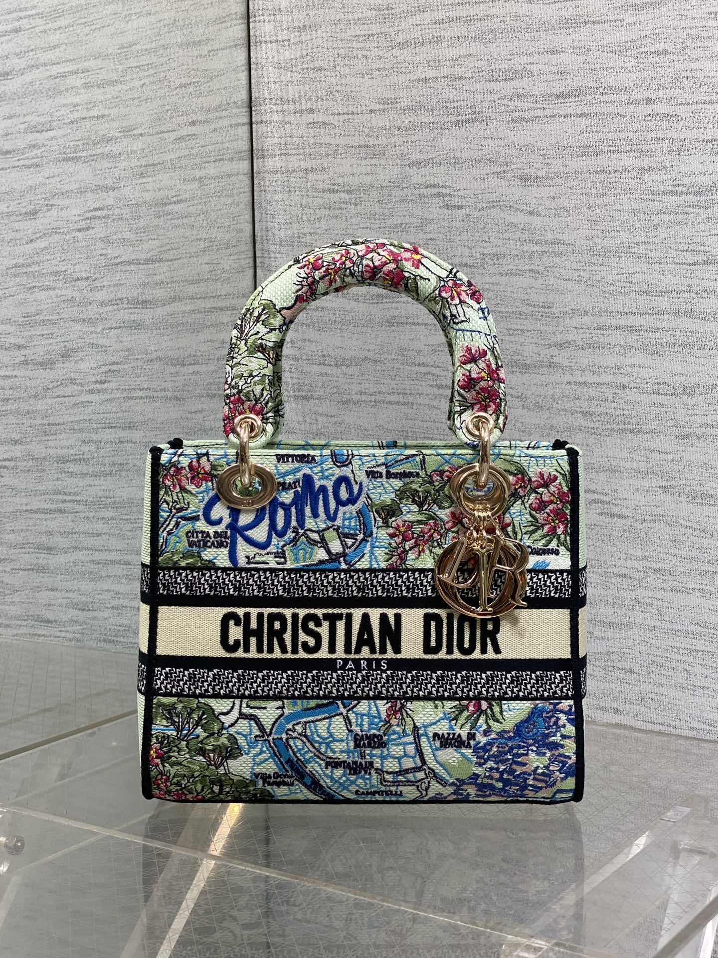 DIOR 25S SMALL LADY D-LITE BAG 24 IN BLUE AND WHITE CANVAS FLORAL EMBROIDERY