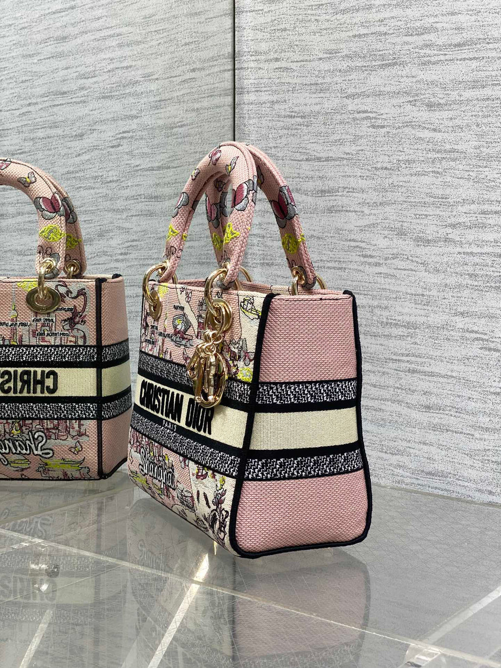 DIOR 25S SMALL LADY D-LITE BAG 24 IN PINK CANVAS  BUTTERFLY