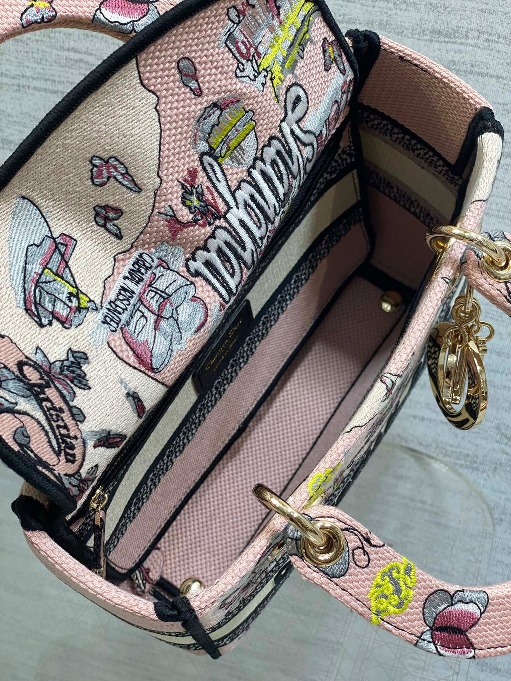 DIOR 25S SMALL LADY D-LITE BAG 24 IN PINK CANVAS  BUTTERFLY