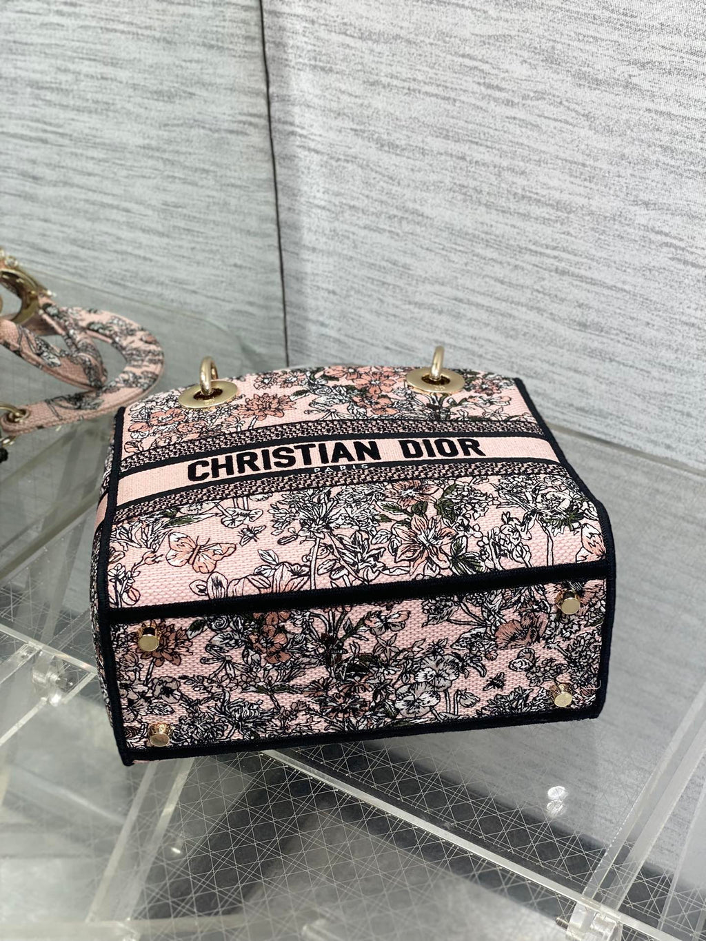 DIOR 25S SMALL LADY D-LITE BAG 24 IN PINK  FLOWERS CALENDAR ALLOVER EMBROIDERY