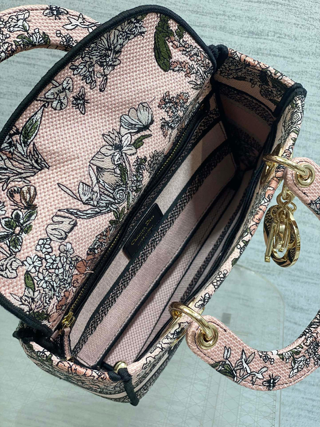 DIOR 25S SMALL LADY D-LITE BAG 24 IN PINK  FLOWERS CALENDAR ALLOVER EMBROIDERY