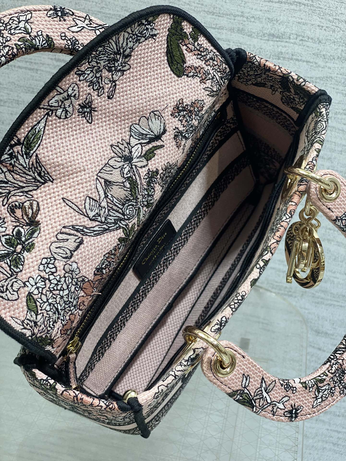 DIOR 25S SMALL LADY D-LITE BAG 24 IN PINK  FLOWERS CALENDAR ALLOVER EMBROIDERY