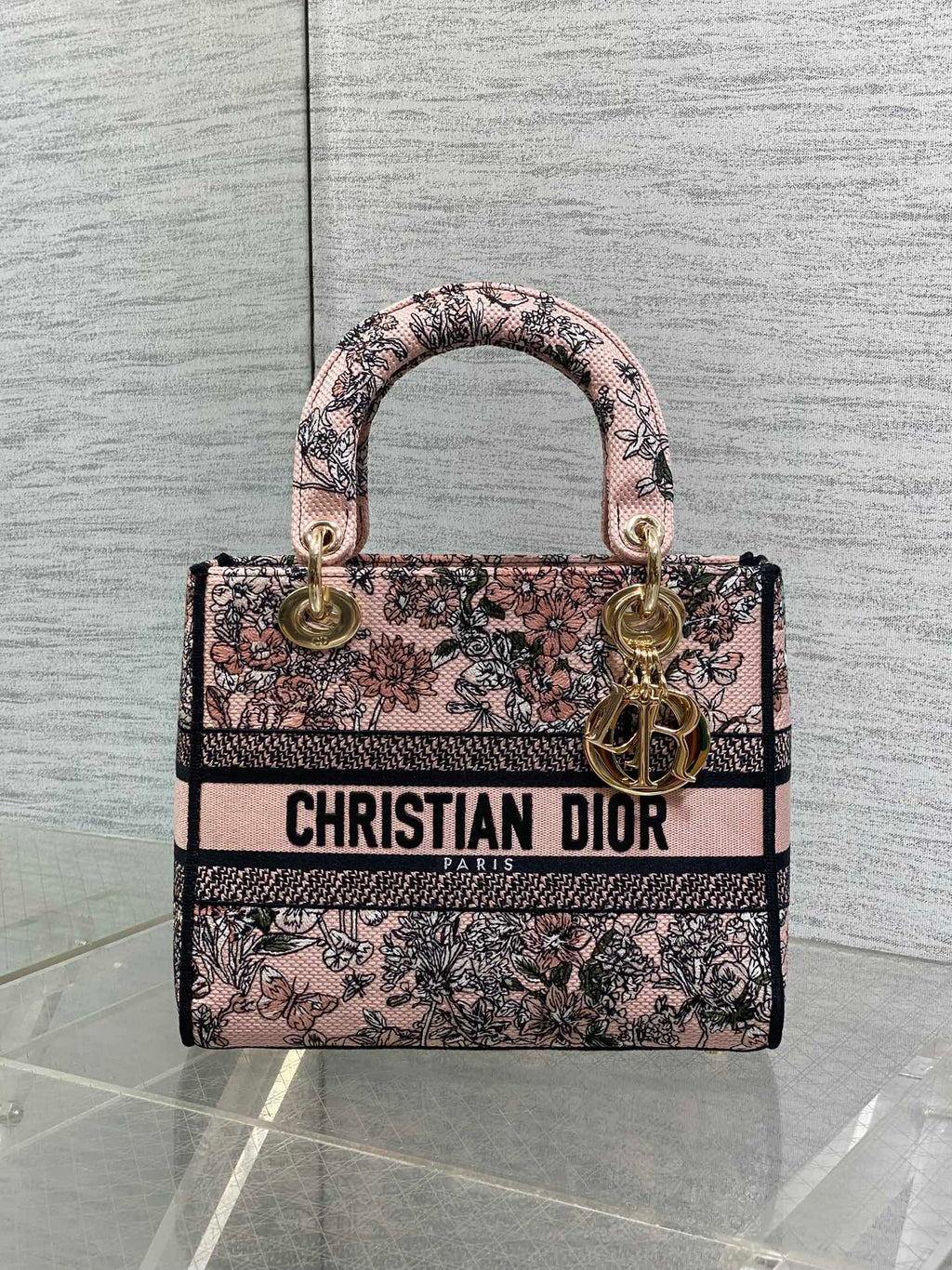 DIOR 25S SMALL LADY D-LITE BAG 24 IN PINK  FLOWERS CALENDAR ALLOVER EMBROIDERY