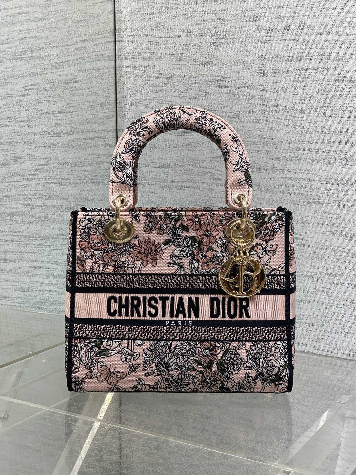 DIOR 25S SMALL LADY D-LITE BAG 24 IN PINK  FLOWERS CALENDAR ALLOVER EMBROIDERY