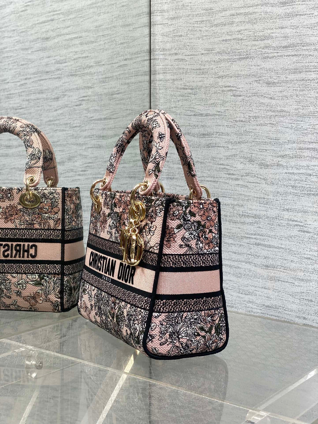 DIOR 25S SMALL LADY D-LITE BAG 24 IN PINK  FLOWERS CALENDAR ALLOVER EMBROIDERY