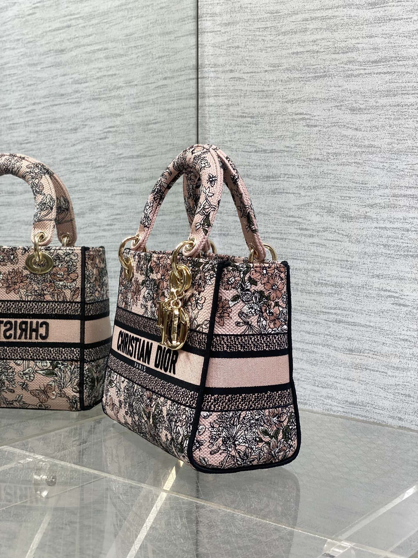 DIOR 25S SMALL LADY D-LITE BAG 24 IN PINK  FLOWERS CALENDAR ALLOVER EMBROIDERY