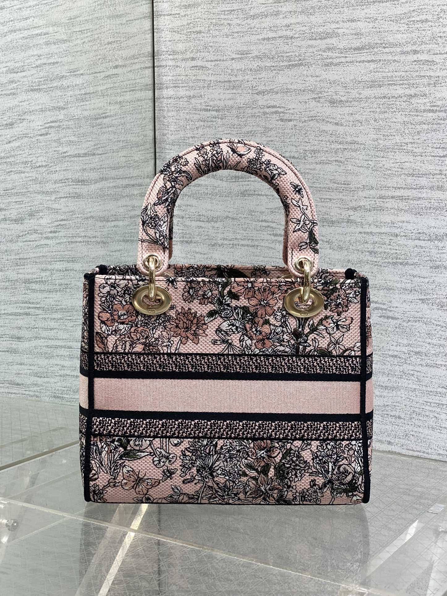 DIOR 25S SMALL LADY D-LITE BAG 24 IN PINK  FLOWERS CALENDAR ALLOVER EMBROIDERY