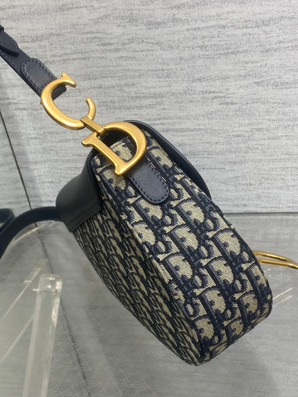 DIOR 25S MINI SOFT SADDLE BAG 19 IN BLUE DIOR OBLIQUE JACQUARD AND SMOOTH CALFSKIN