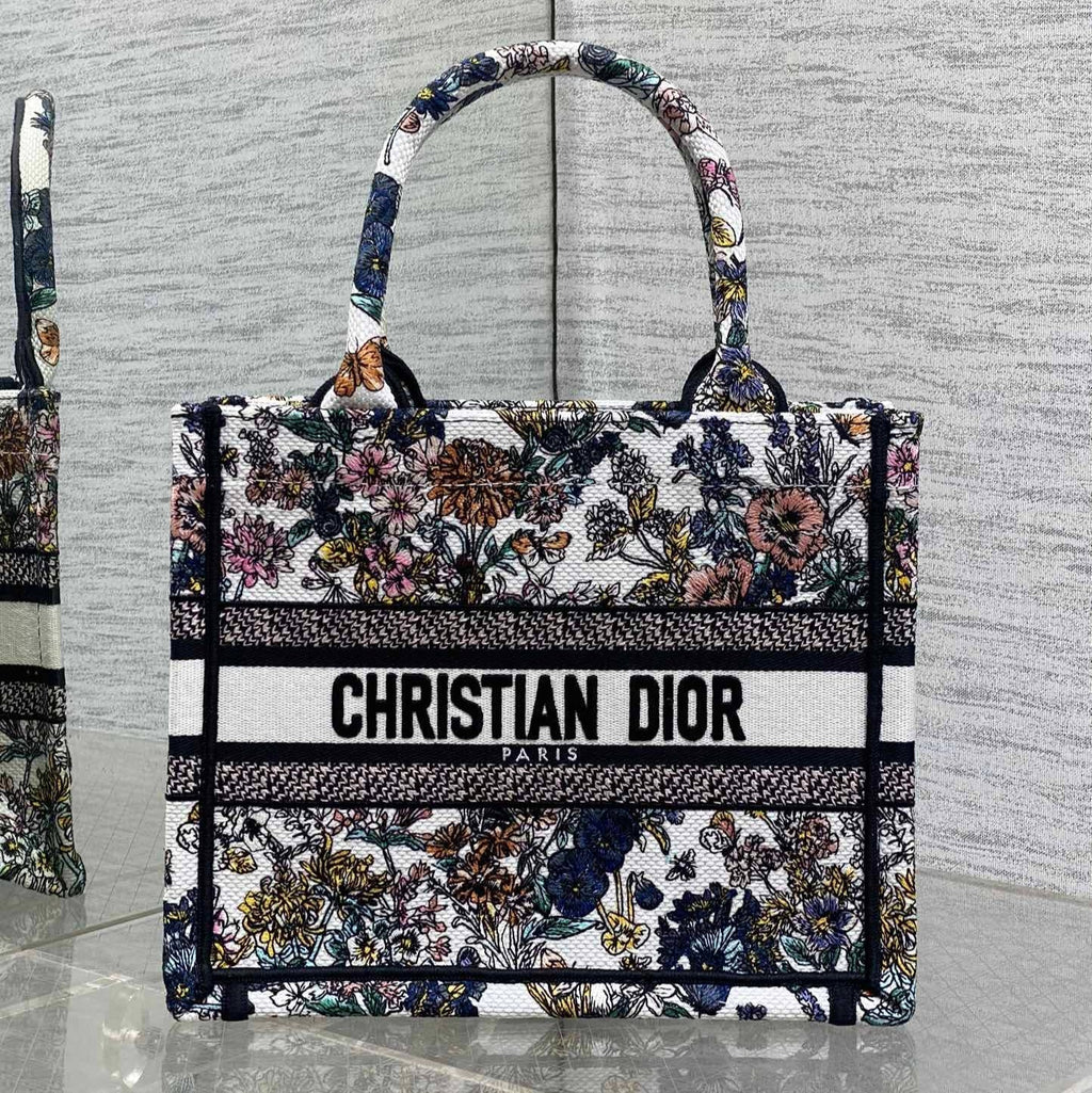 DIOR 25S LUCKY SMALL DIOR BOOK TOTE 26 IN MULTICOLOR DIOR FLOWERS CALENDAR ALLOVER EMBROIDERY