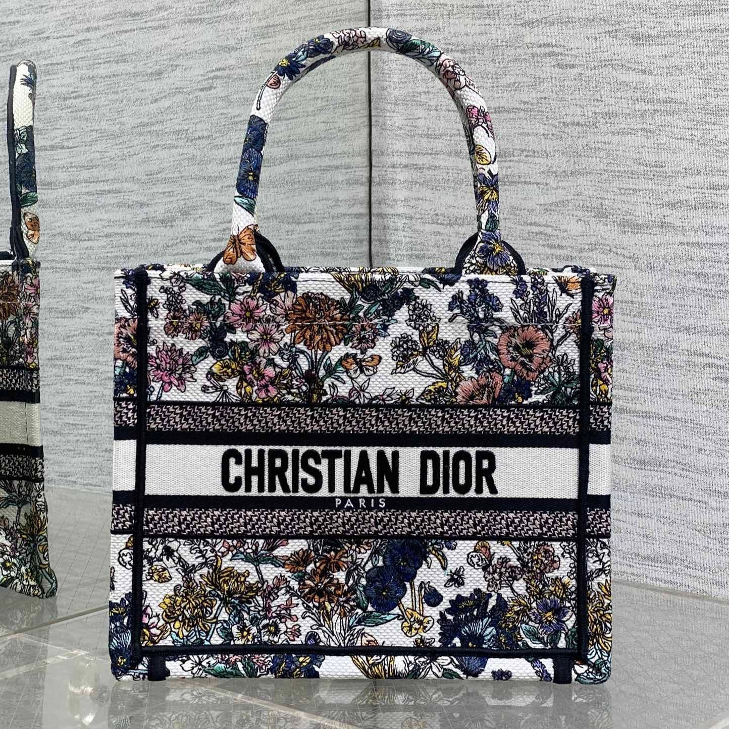 DIOR 25S LUCKY SMALL DIOR BOOK TOTE 26 IN MULTICOLOR DIOR FLOWERS CALENDAR ALLOVER EMBROIDERY