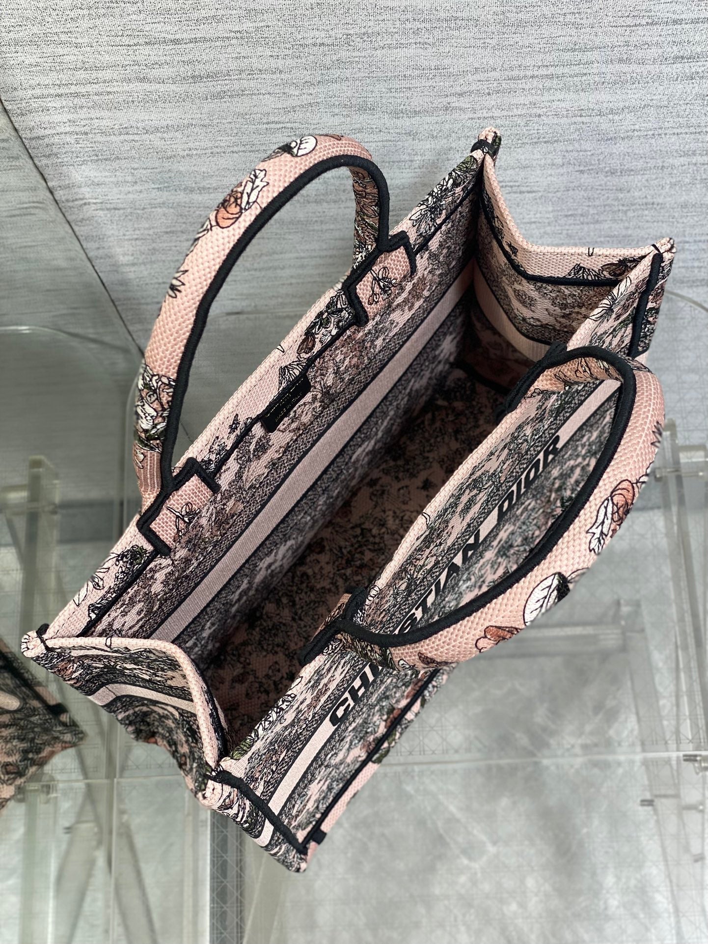 DIOR 25S LUCKY MEDIUM DIOR BOOK TOTE 36 IN PINK MULTICOLOR DIOR FLOWERS CALENDAR ALLOVER EMBROIDERY