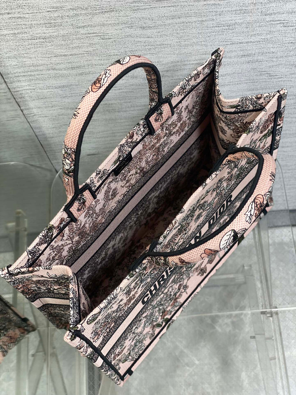 DIOR 25S LUCKY LARGE DIOR BOOK TOTE 42 IN PINK MULTICOLOR DIOR FLOWERS CALENDAR ALLOVER EMBROIDERY