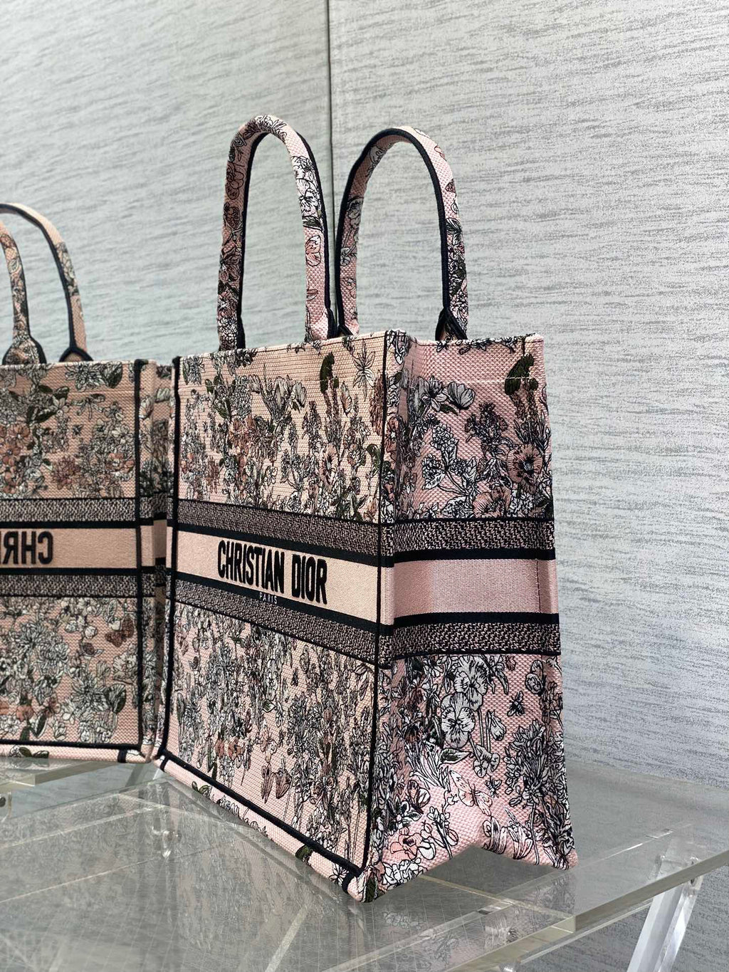 DIOR 25S LUCKY LARGE DIOR BOOK TOTE 42 IN PINK MULTICOLOR DIOR FLOWERS CALENDAR ALLOVER EMBROIDERY