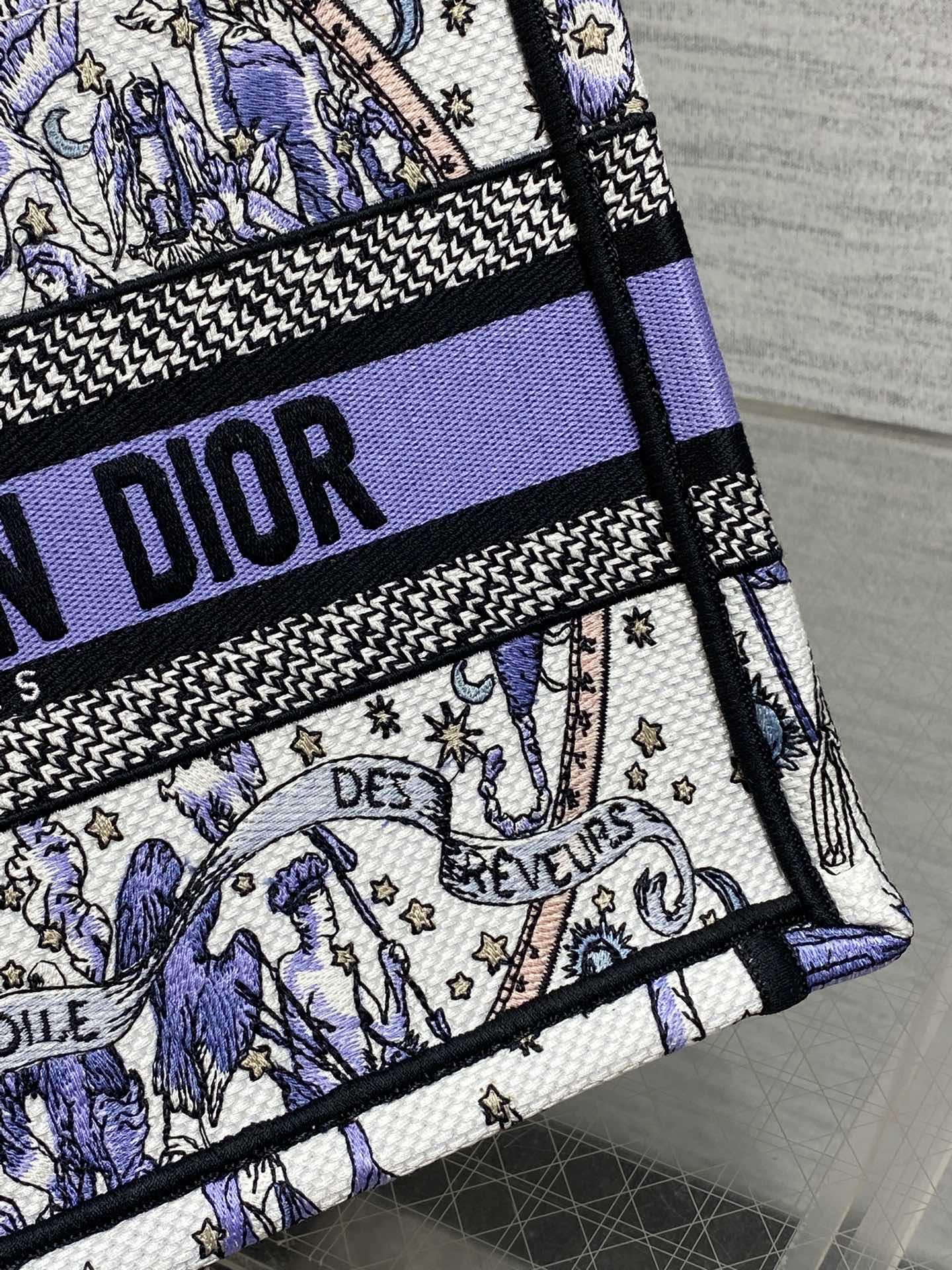 DIOR 25S SMALL BOOK TOTE 26 IN WHITE AND PURPLE DIOR NIGHT OF DREAMS EMBROIDERY