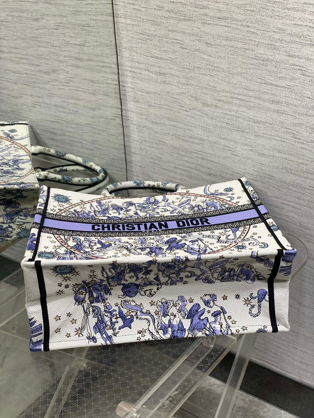 DIOR 25S LARGE BOOK TOTE 42 IN WHITE AND PURPLE DIOR NIGHT OF DREAMS EMBROIDERY