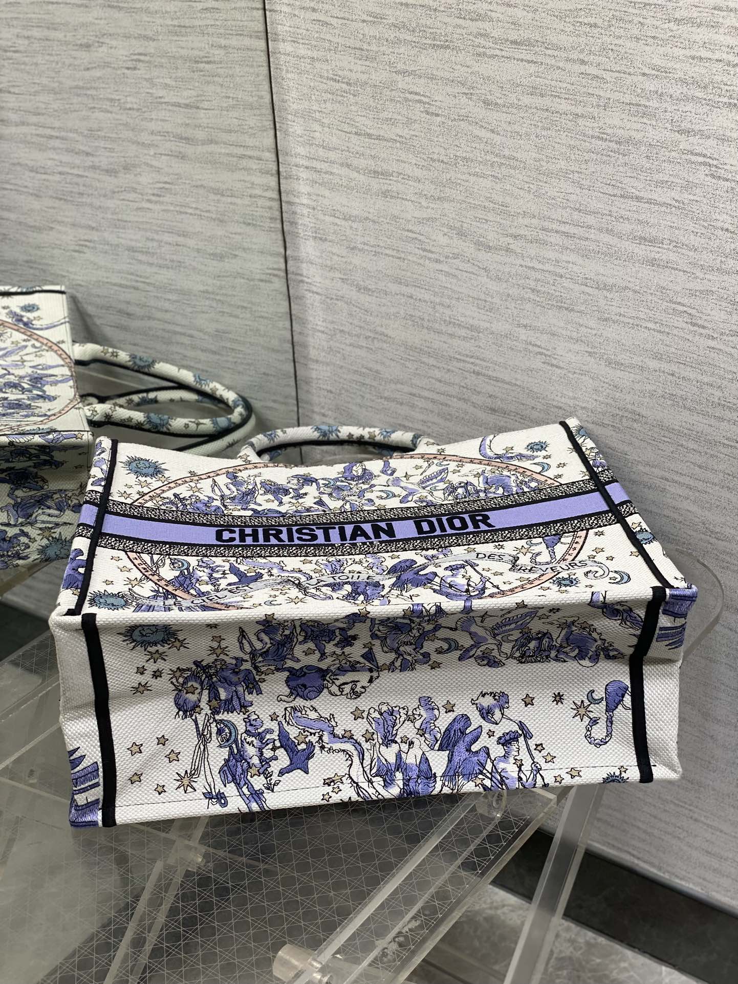 DIOR 25S LARGE BOOK TOTE 42 IN WHITE AND PURPLE DIOR NIGHT OF DREAMS EMBROIDERY