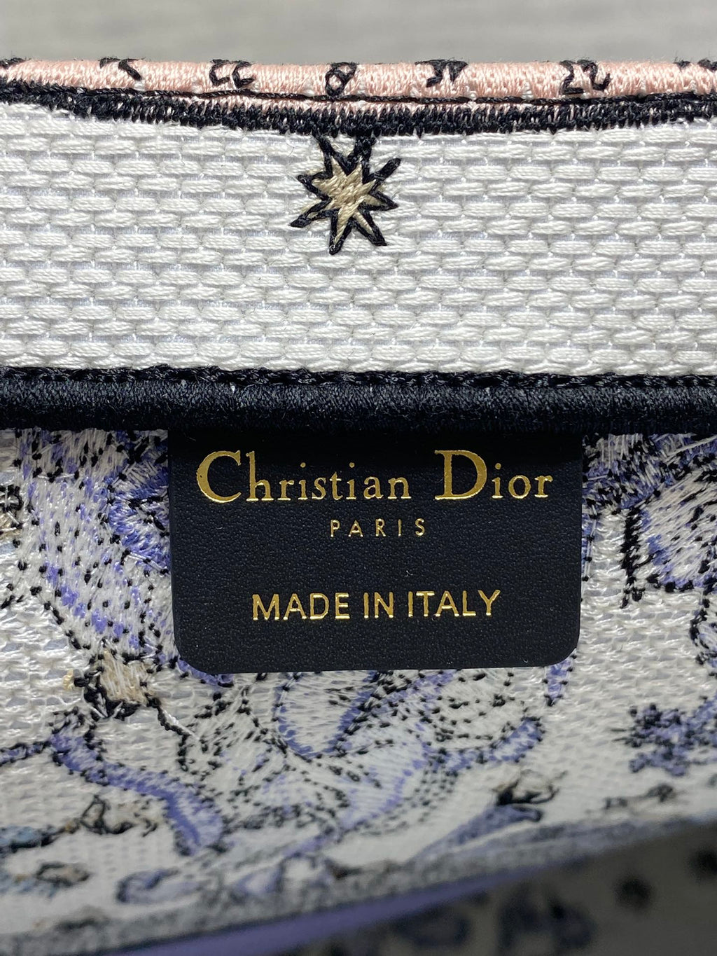 DIOR 25S LARGE BOOK TOTE 42 IN WHITE AND PURPLE DIOR NIGHT OF DREAMS EMBROIDERY