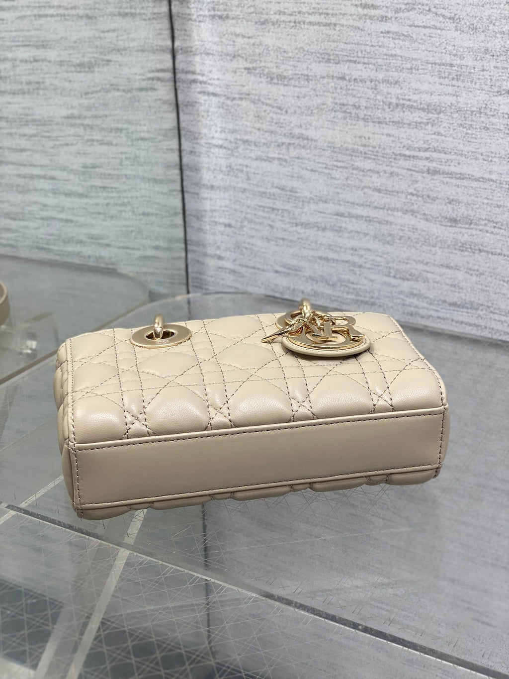DIOR 25S MICRO LADY D-JOY 19 IN POWDER BEIGE CALFSKIN GOLD HARDWRE