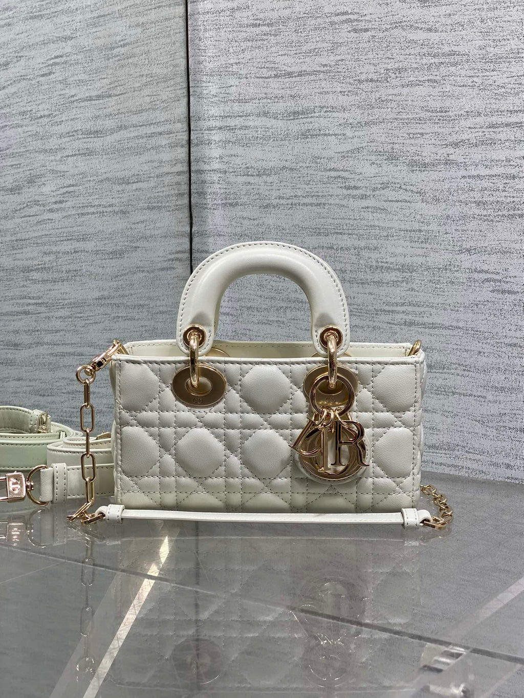 DIOR 25S MICRO LADY D-JOY 19 IN IVORY CALFSKIN GOLD HARDWRE