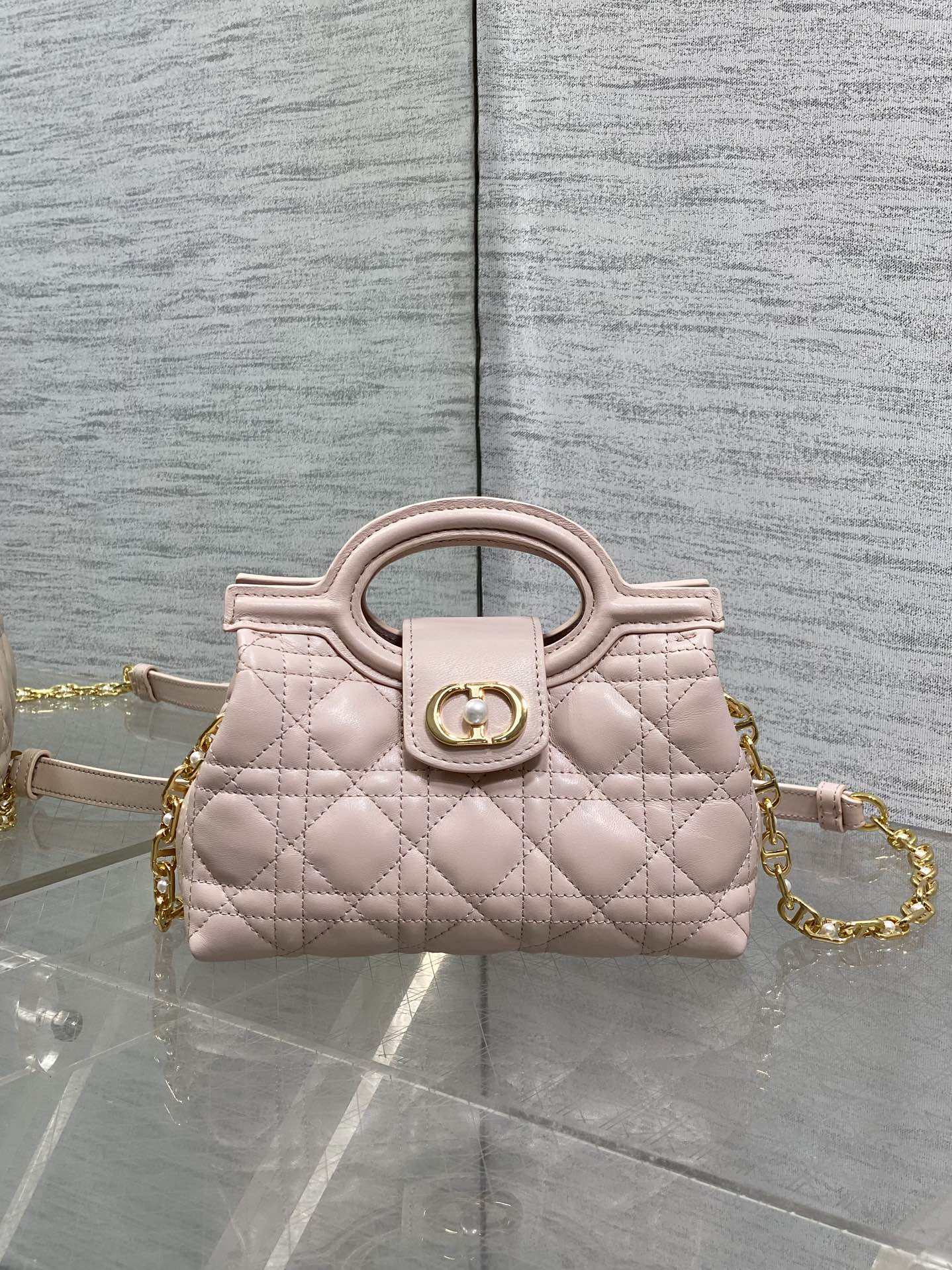 DIOR 25S JOLIE TOP HANDLE MINI BAG 18 IN BABY PINK CALFSKIN GOLD HARDWARE