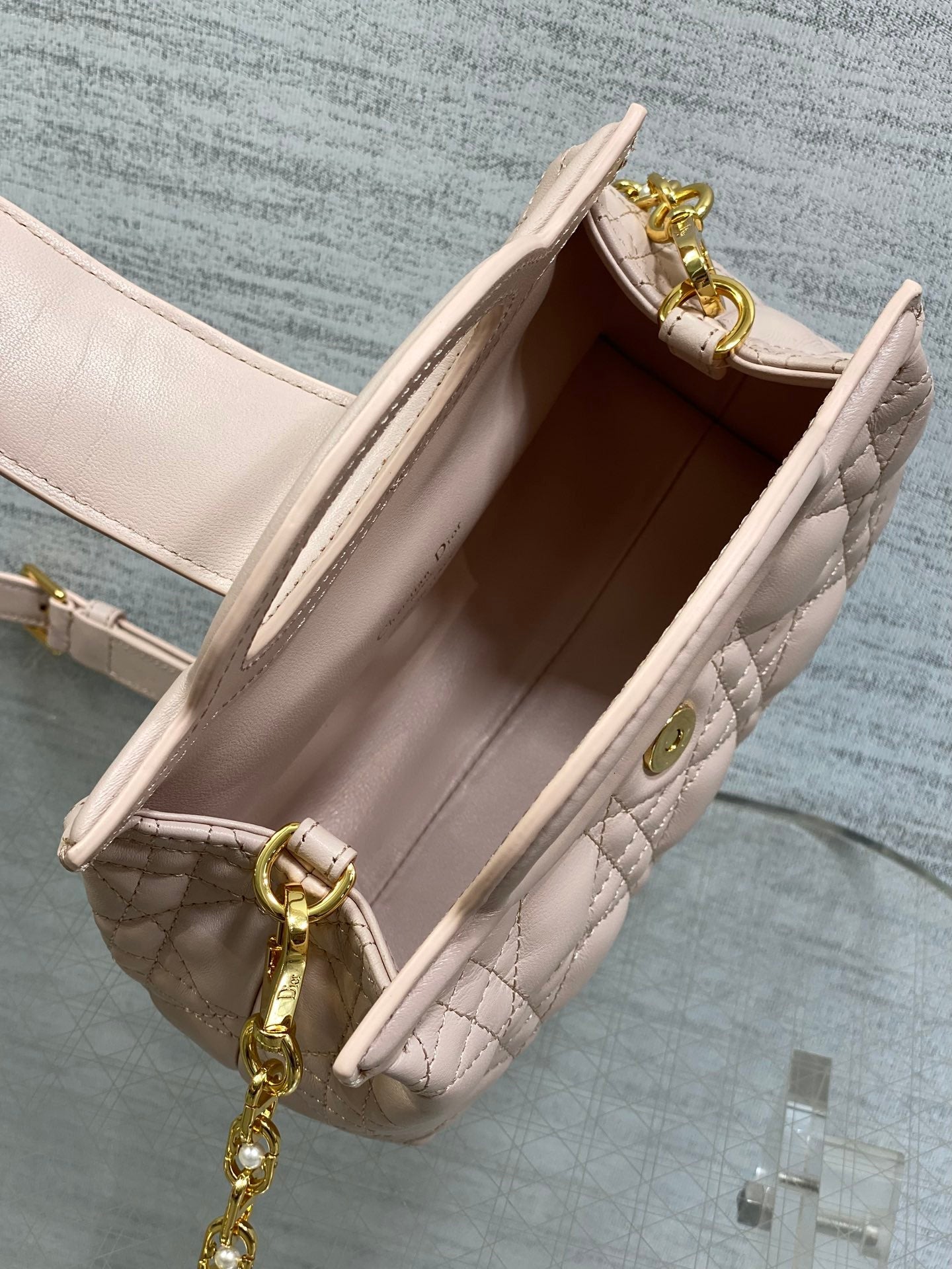 DIOR 25S JOLIE TOP HANDLE MINI BAG 18 IN BABY PINK CALFSKIN GOLD HARDWARE