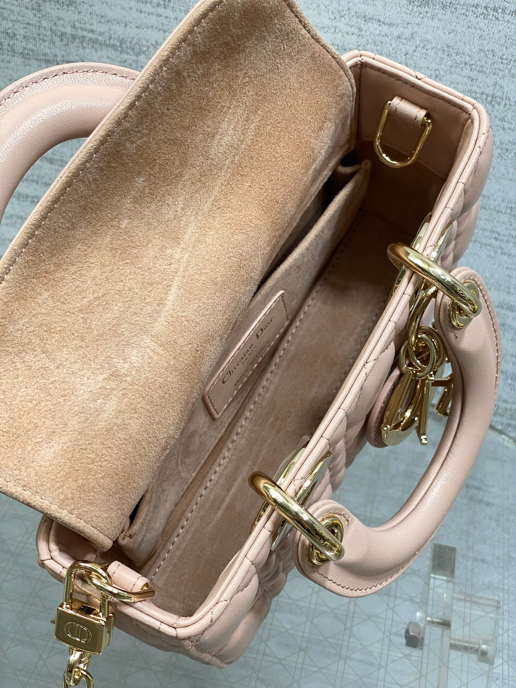 DIOR 25S MICRO LADY D-JOY 19 IN BABY PINK CALFSKIN GOLD HARDWARE