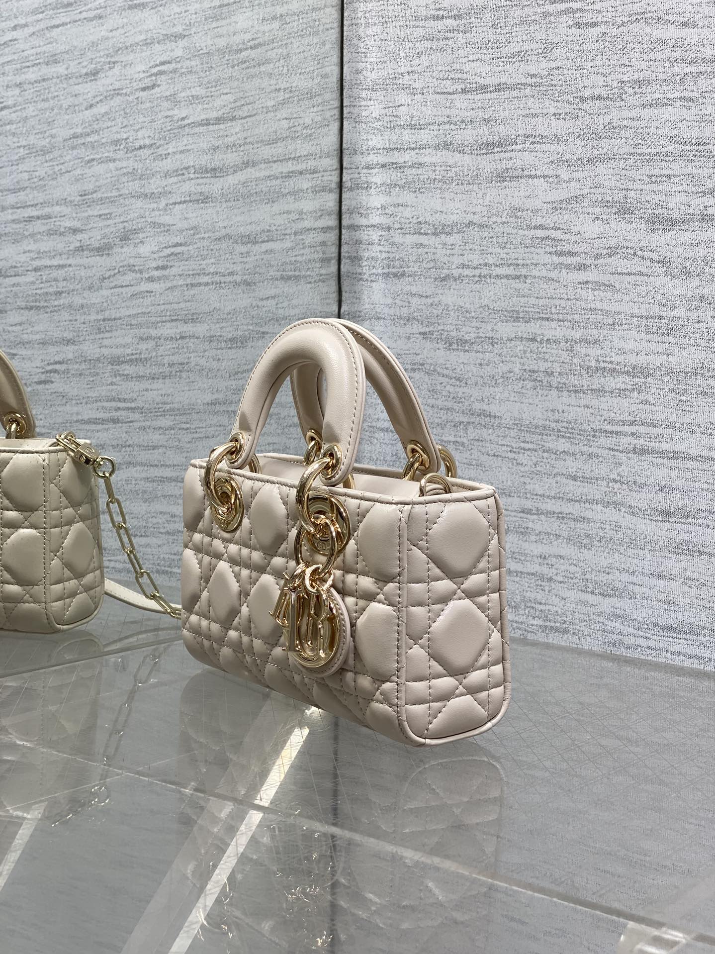 DIOR 25S MICRO LADY D-JOY 19 IN BEIGE CALFSKIN GOLD HARDWRE