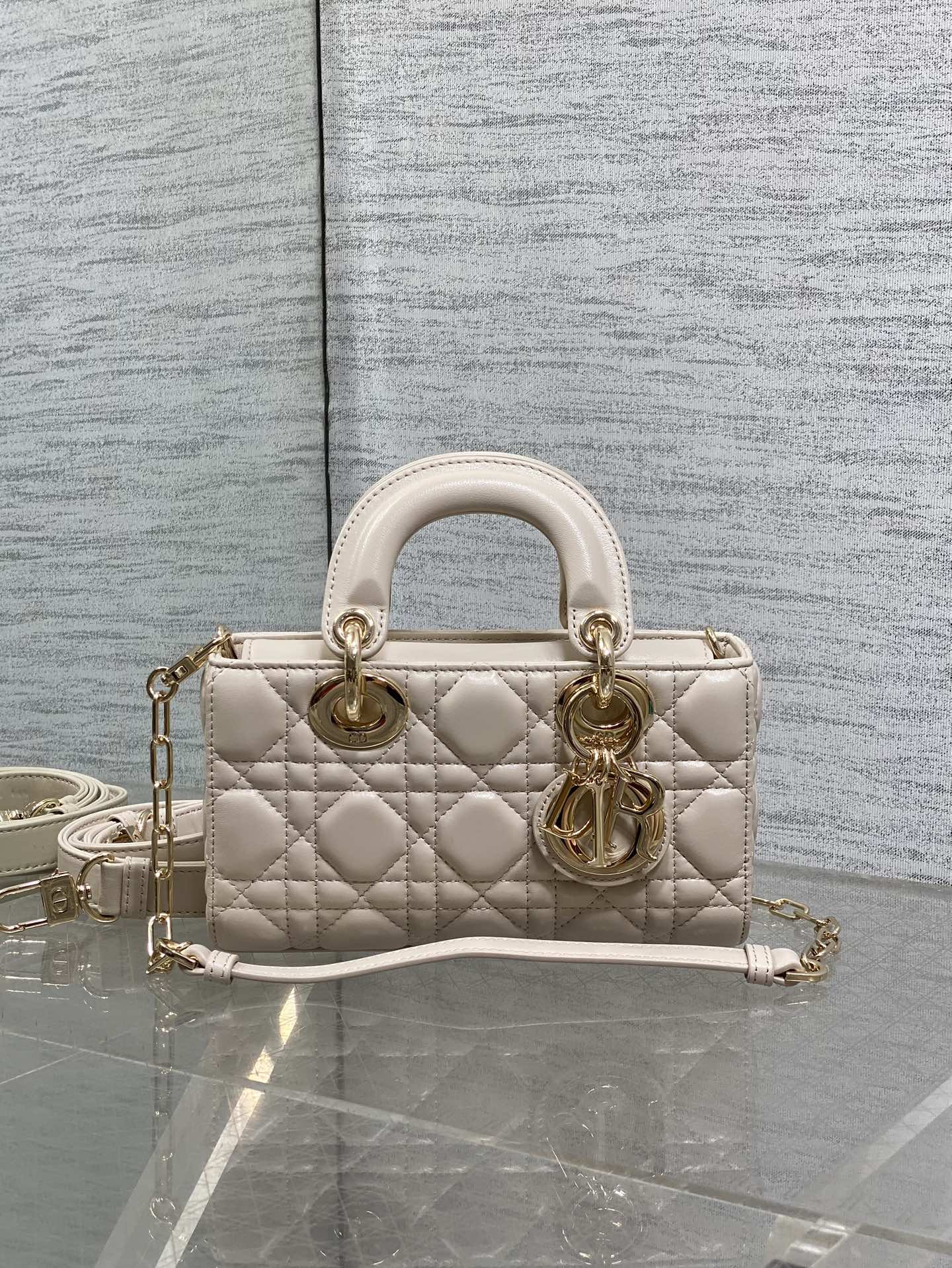 DIOR 25S MICRO LADY D-JOY 19 IN BEIGE CALFSKIN GOLD HARDWRE