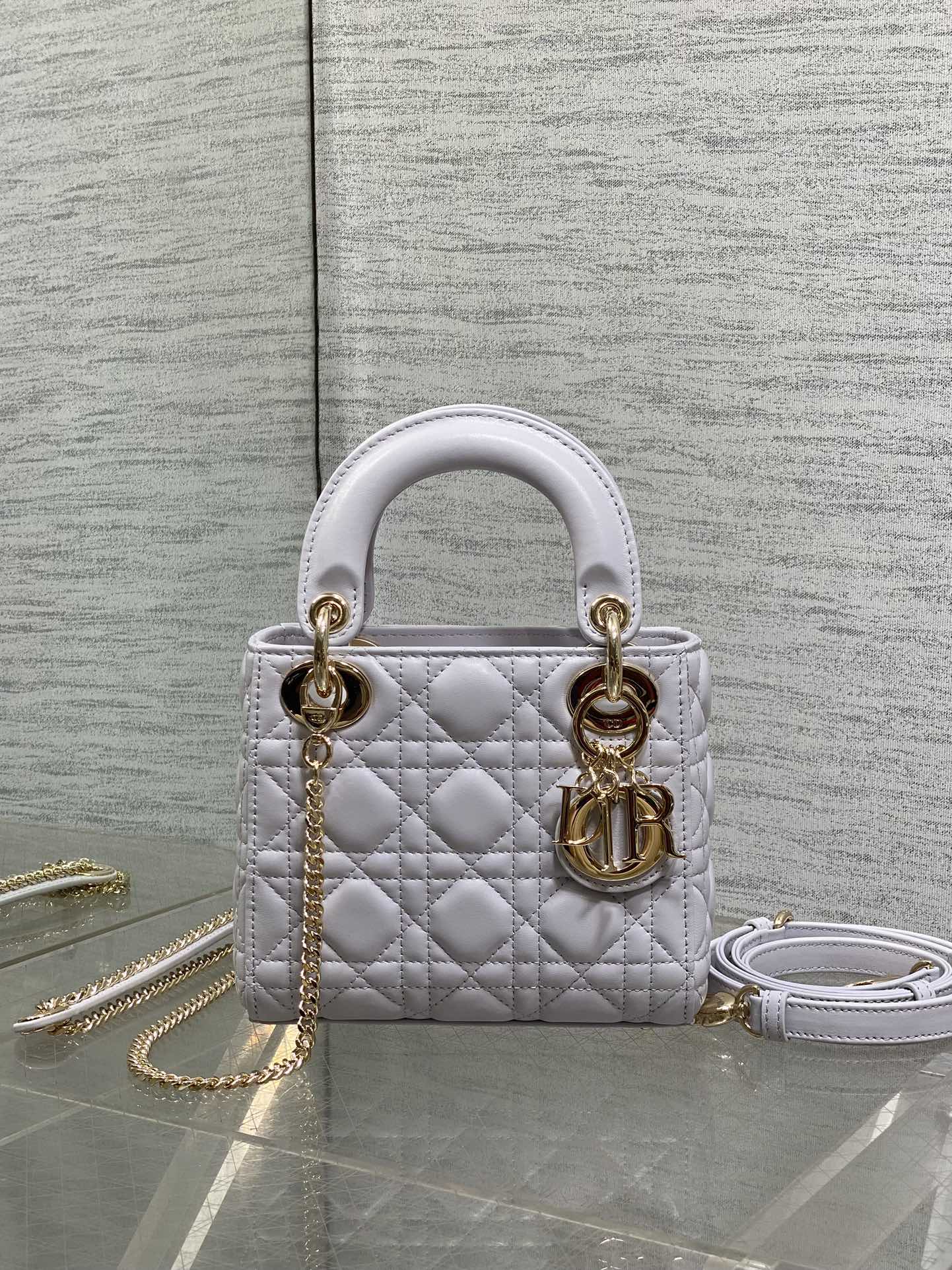 DIOR 25S MINI LADY  BAG 17 IN LILAC CANNAGE CALFSKIN GOLD HARDWRE