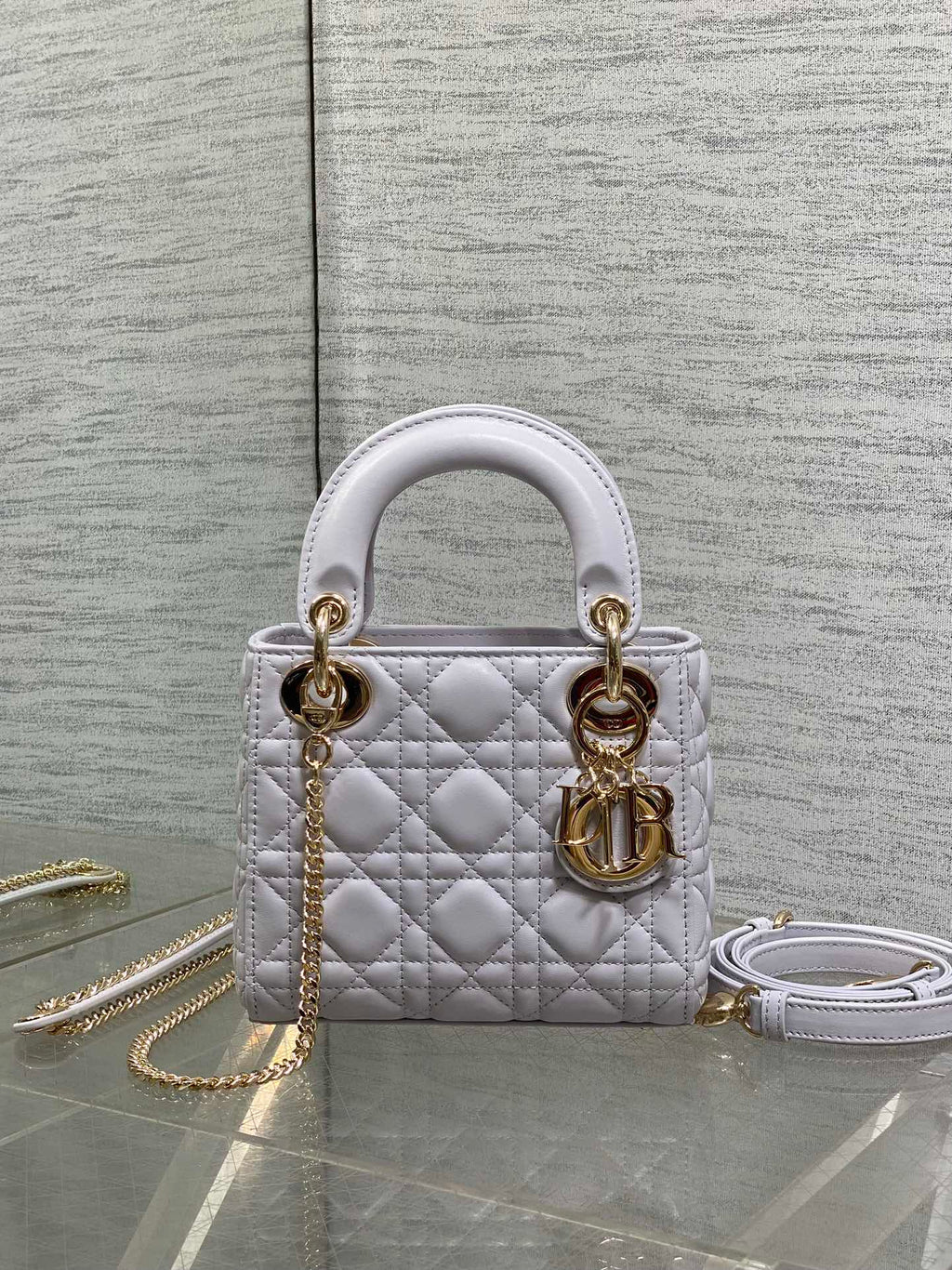 DIOR 25S MINI LADY  BAG 17 IN LILAC CANNAGE CALFSKIN GOLD HARDWARE