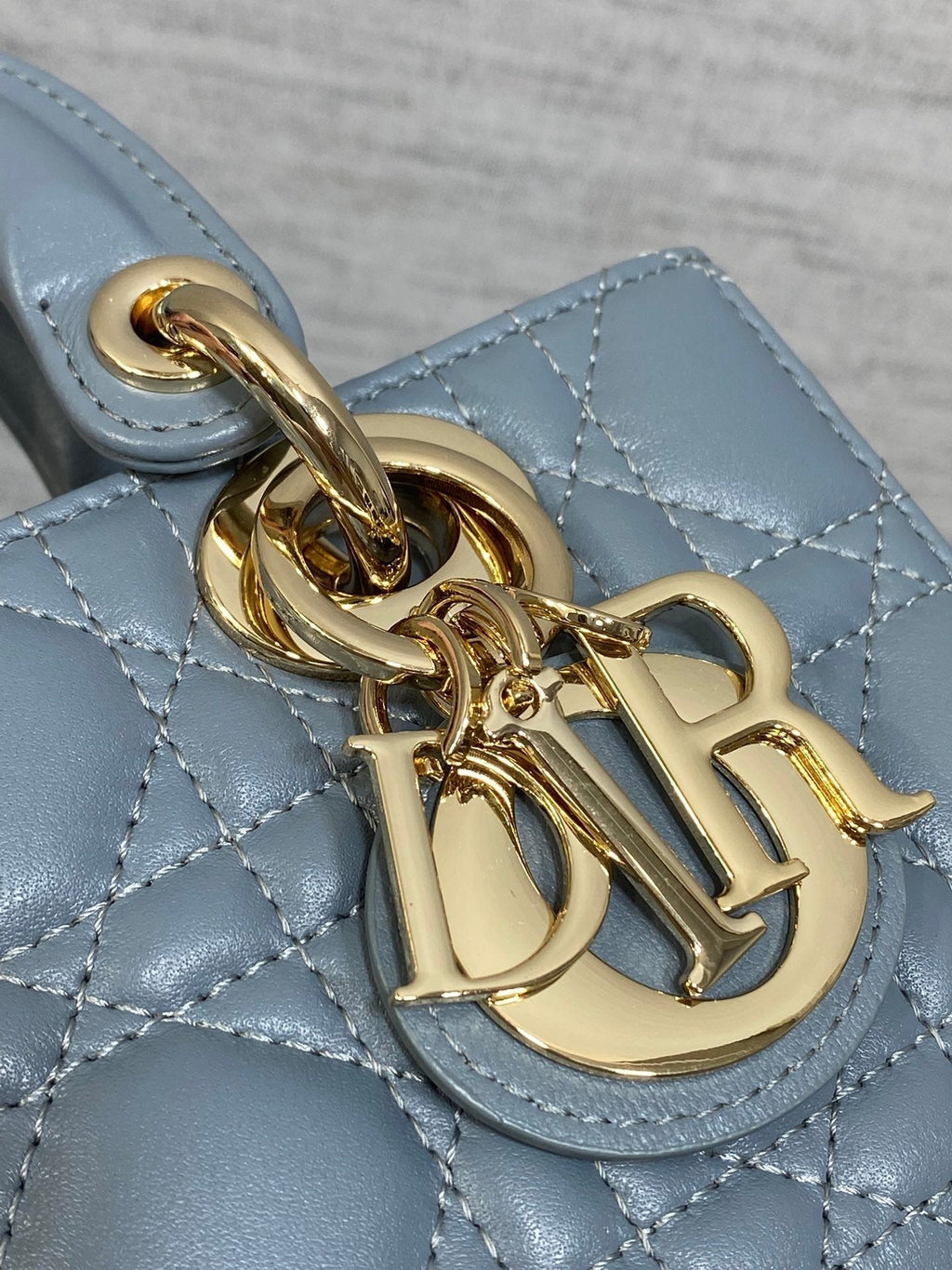 DIOR 25S SMALL LADY D‑JOY BAG 19 IN STEEL BLUE GRAY CANNAGE CALFSKIN GOLD HARDWARE