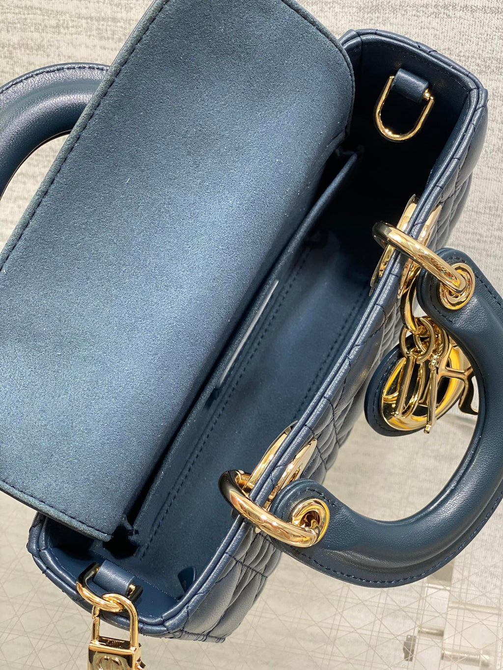 DIOR 25S SMALL LADY D‑JOY BAG 19 IN DARK BLUE CANNAGE CALFSKIN GOLD HARDWRE