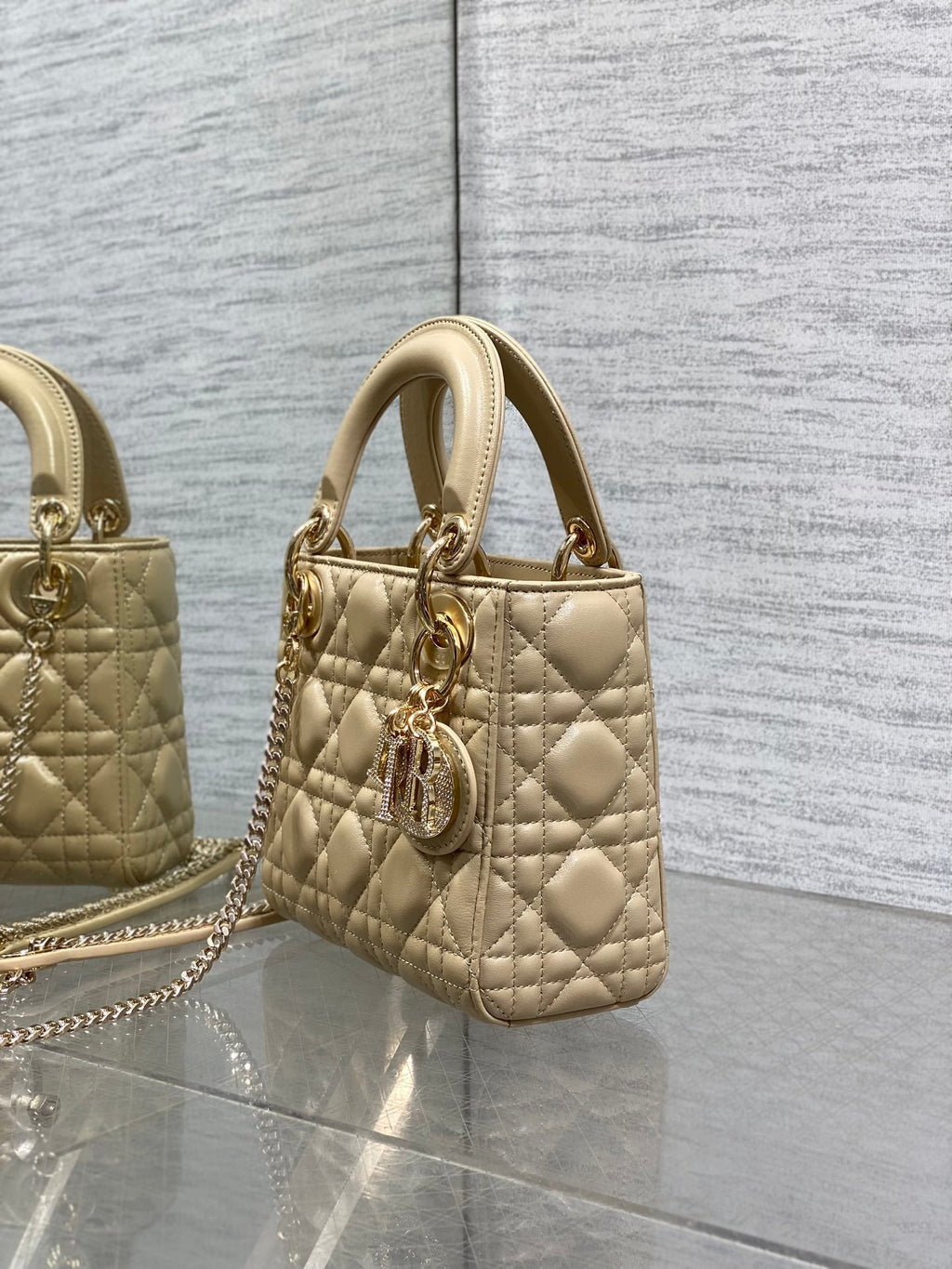DIOR 25S MINI LADY  BAG 17 IN BISCUIT CALFSKIN CHARM CRYSTAL EMBELLISHMENTS