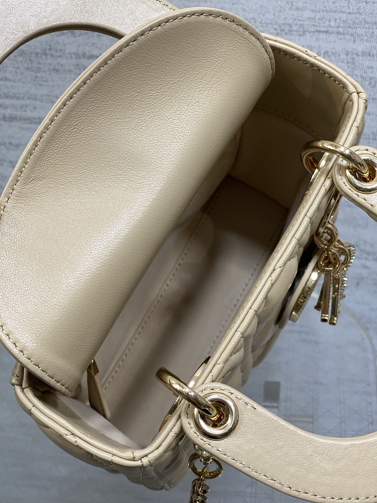 DIOR 25S MINI LADY  BAG 17 IN BISCUIT CALFSKIN CHARM CRYSTAL EMBELLISHMENTS