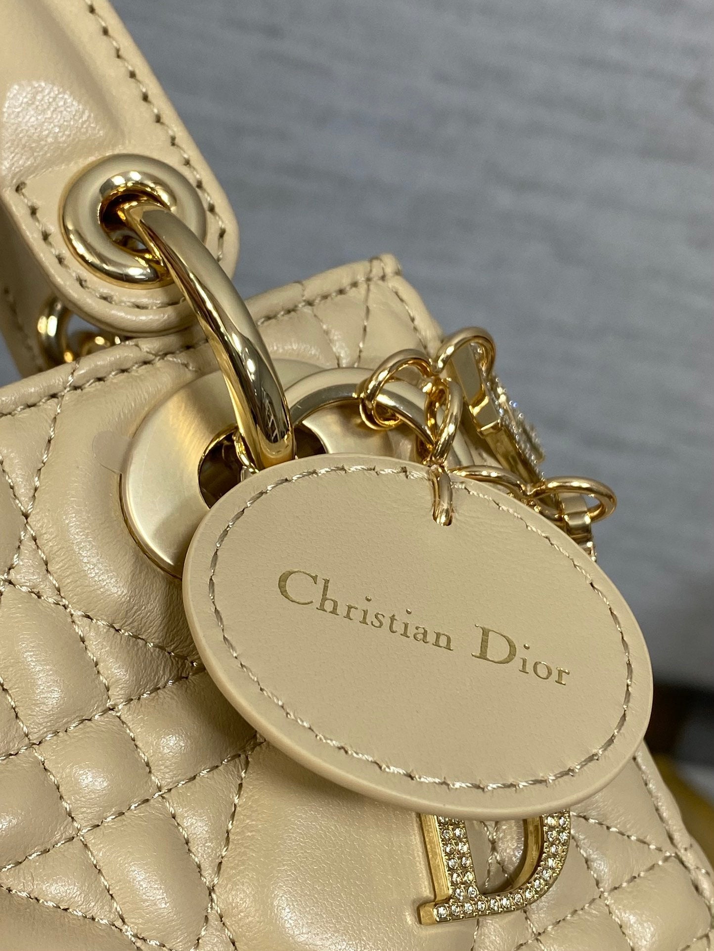 DIOR 25S MINI LADY  BAG 17 IN BISCUIT CALFSKIN CHARM CRYSTAL EMBELLISHMENTS