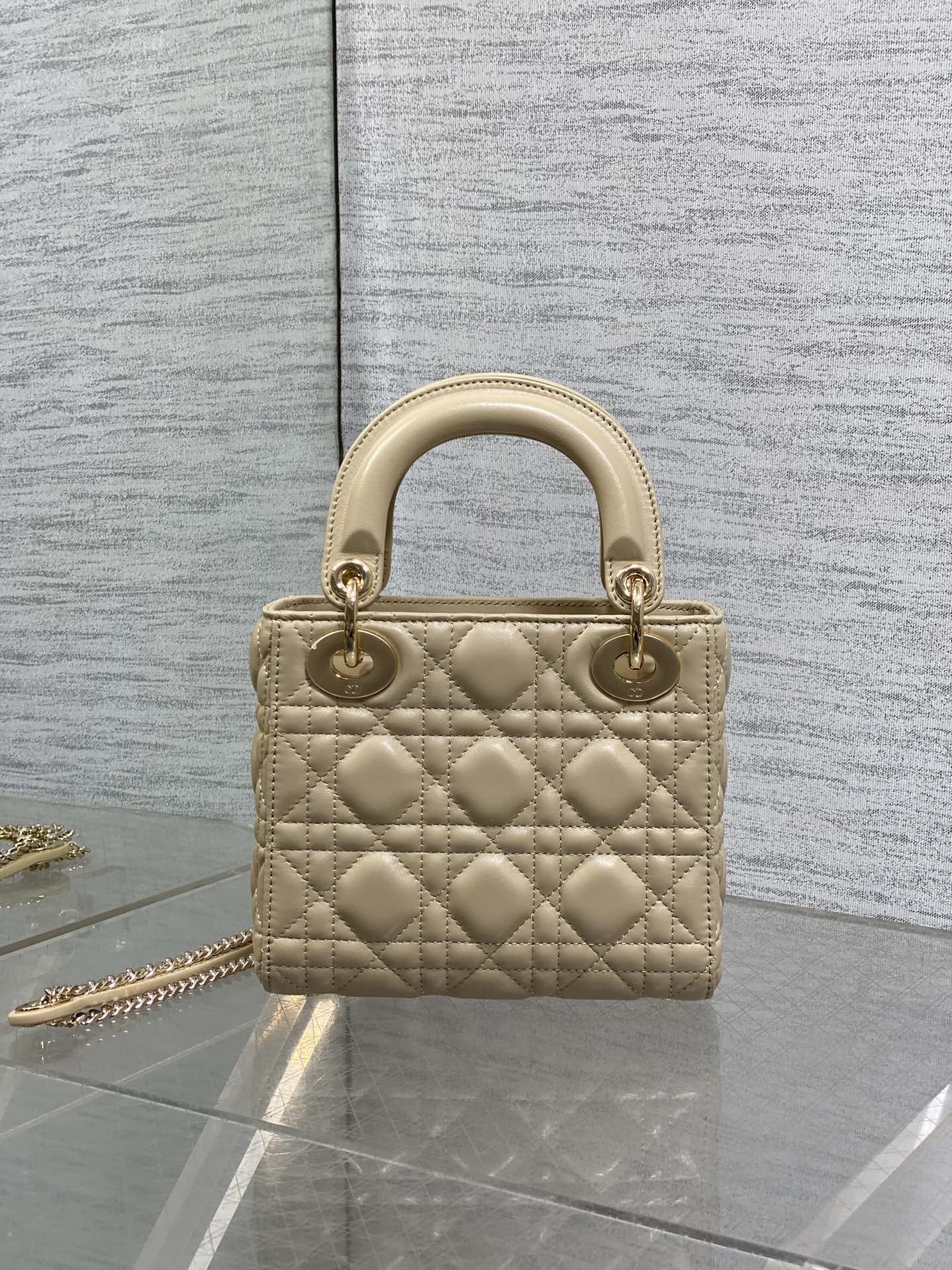 DIOR 25S MINI LADY  BAG 17 IN BISCUIT CALFSKIN CHARM CRYSTAL EMBELLISHMENTS