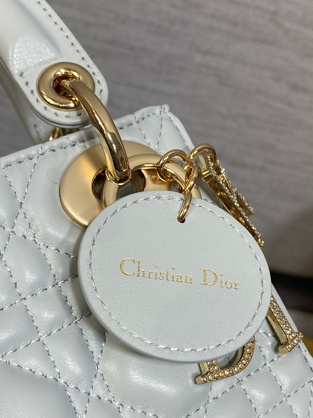 DIOR 25S MINI LADY  BAG 17 IN LIGHT BLUE CALFSKIN CHARM CRYSTAL EMBELLISHMENTS