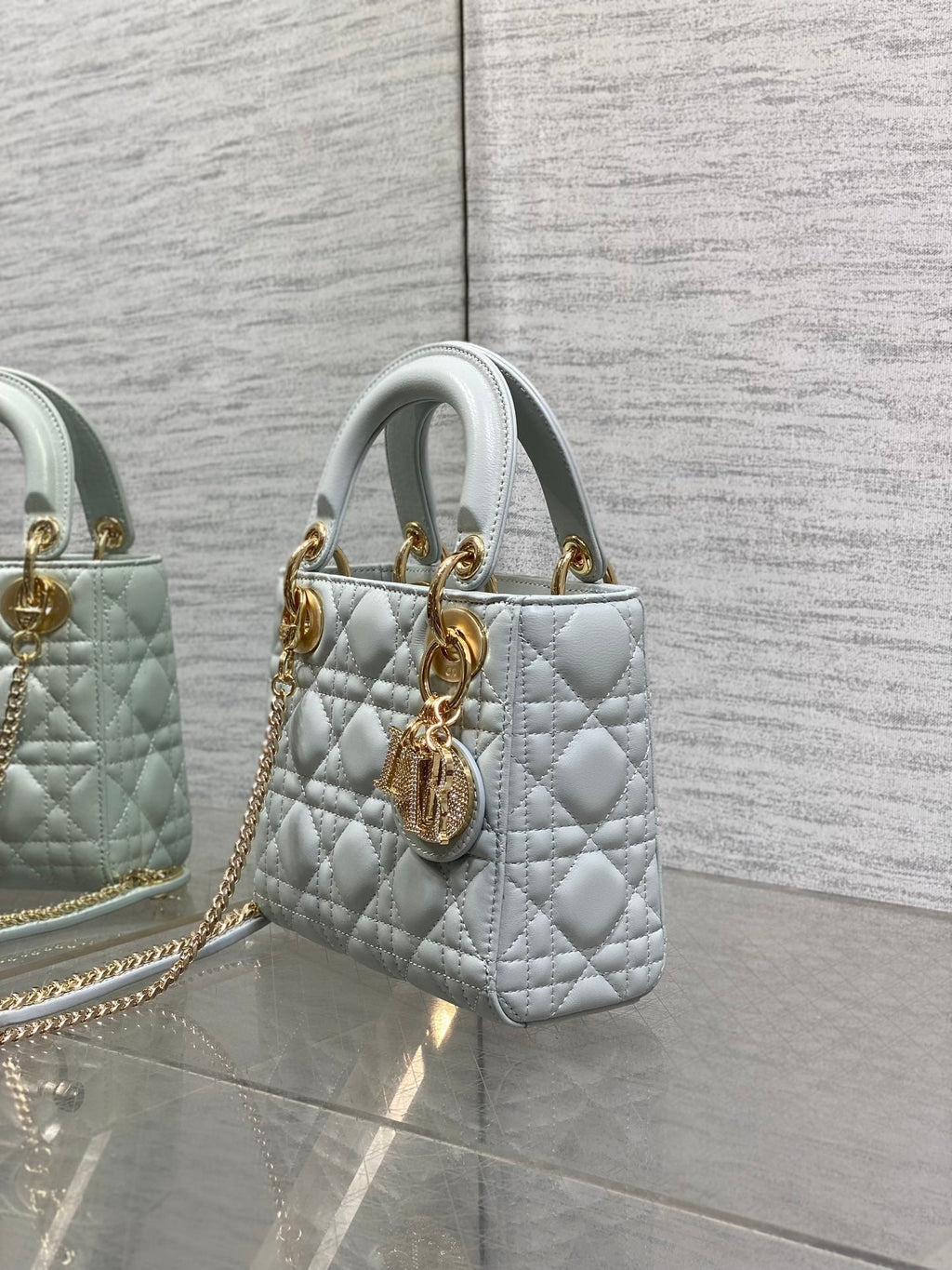 DIOR 25S MINI LADY  BAG 17 IN LIGHT BLUE CALFSKIN CHARM CRYSTAL EMBELLISHMENTS