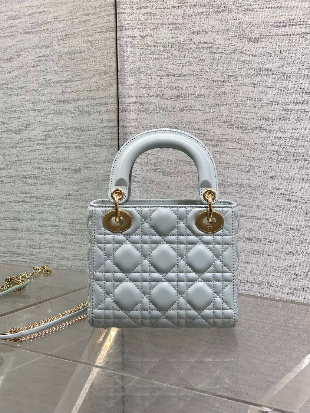 DIOR 25S MINI LADY  BAG 17 IN LIGHT BLUE CALFSKIN CHARM CRYSTAL EMBELLISHMENTS