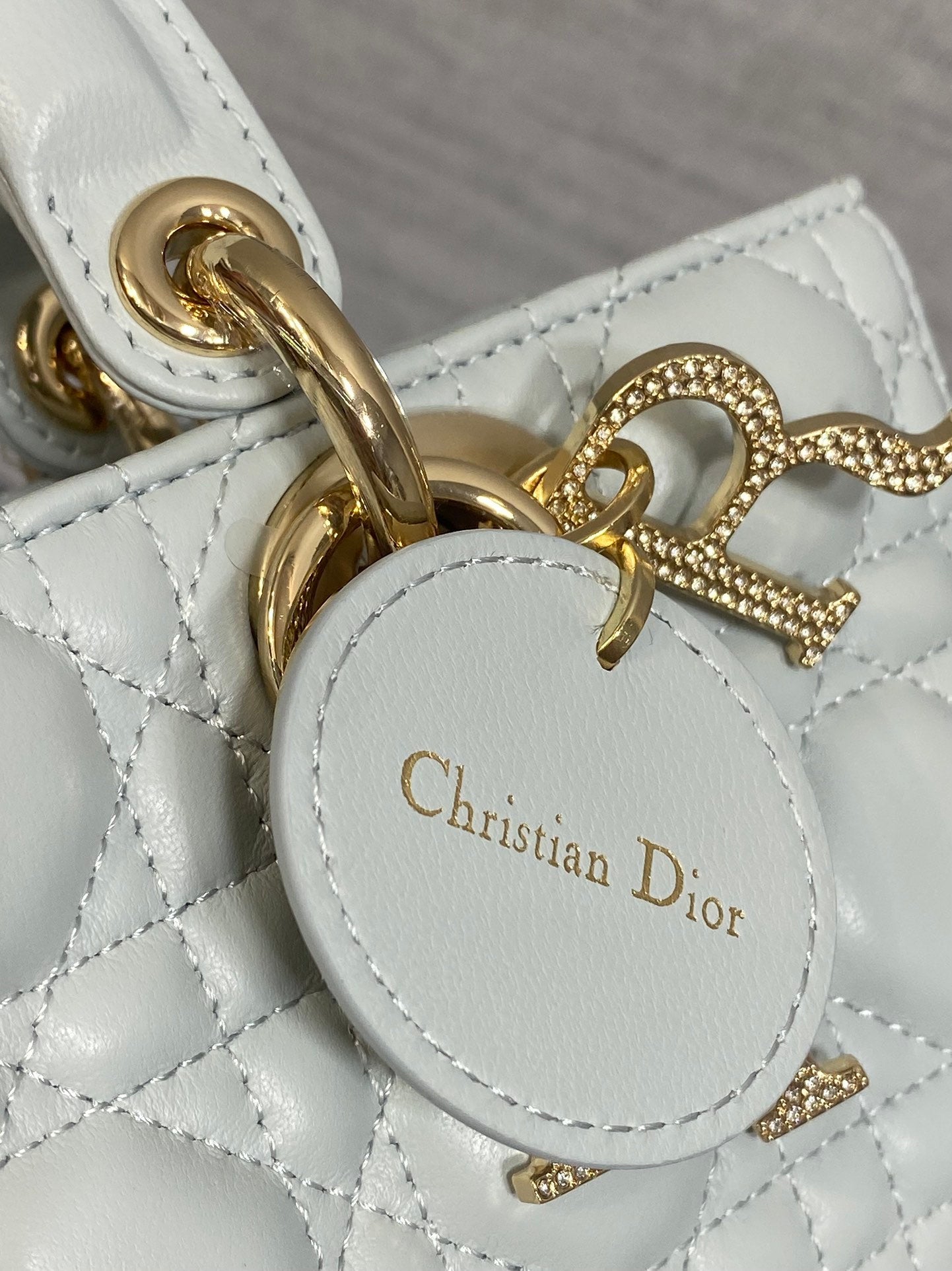 DIOR 25S SMALL LADY D‑JOY BAG 22 IN SHIRT BLUE CALFSKIN GOLD HARDWARE